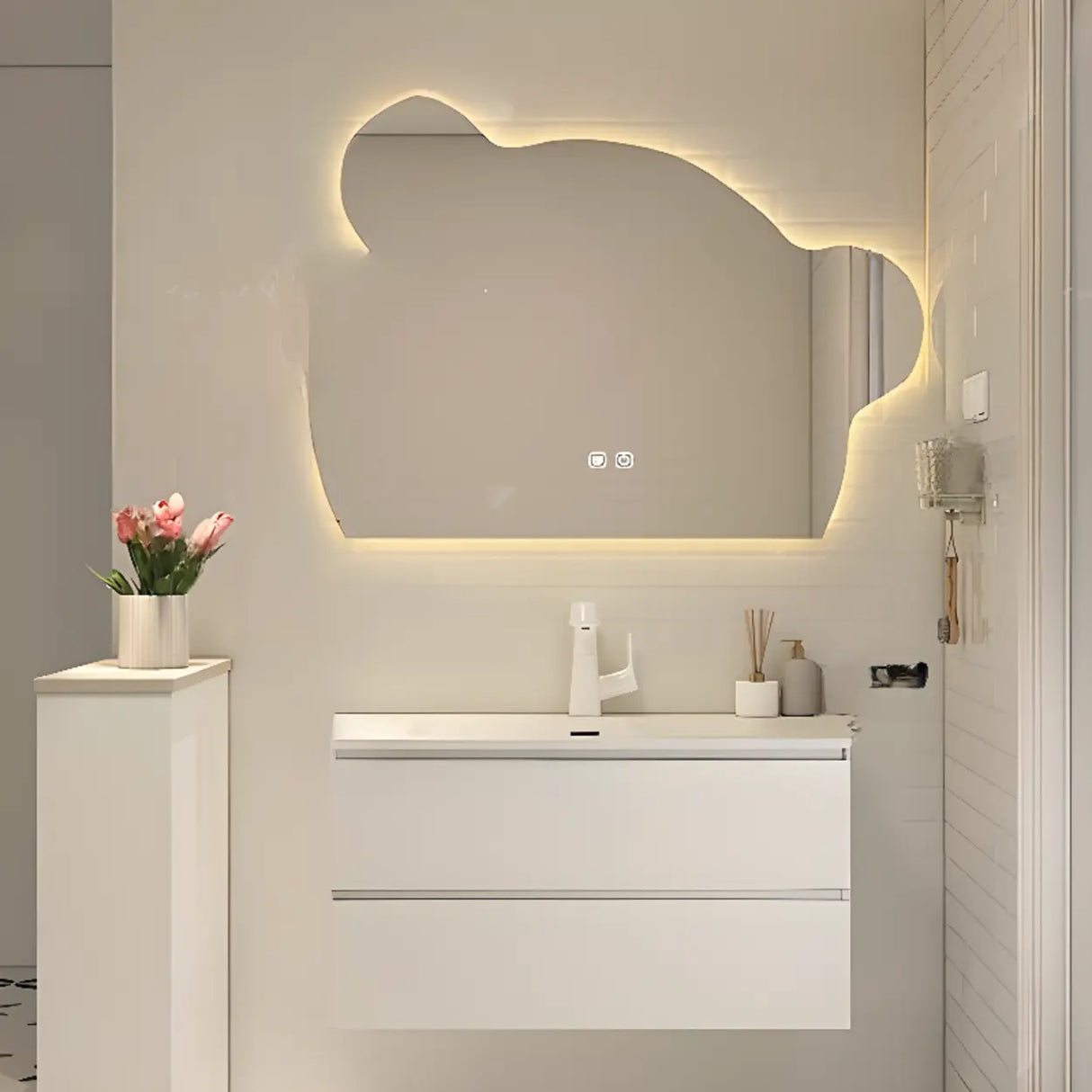 White Acrylic Wall Mounted Bathroom Vanity with Drawers Image - 12