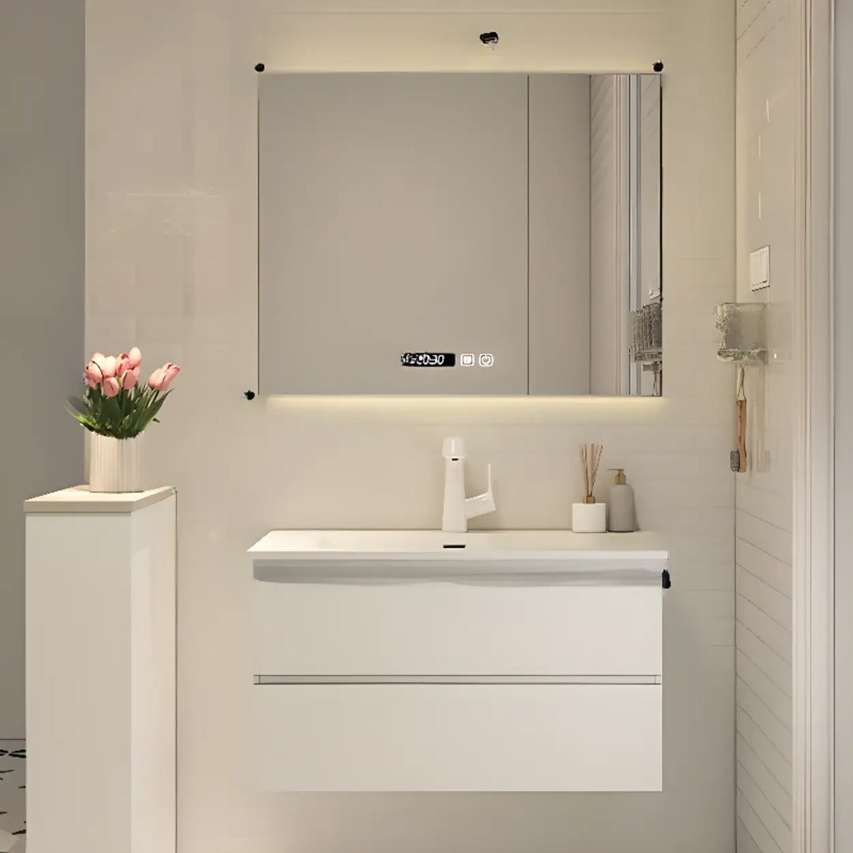 White Acrylic Wall Mounted Bathroom Vanity with Drawers Image - 16