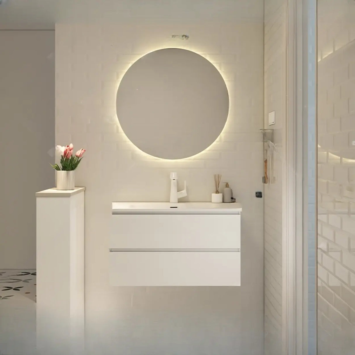 White Acrylic Wall Mounted Bathroom Vanity with Drawers Image - 2