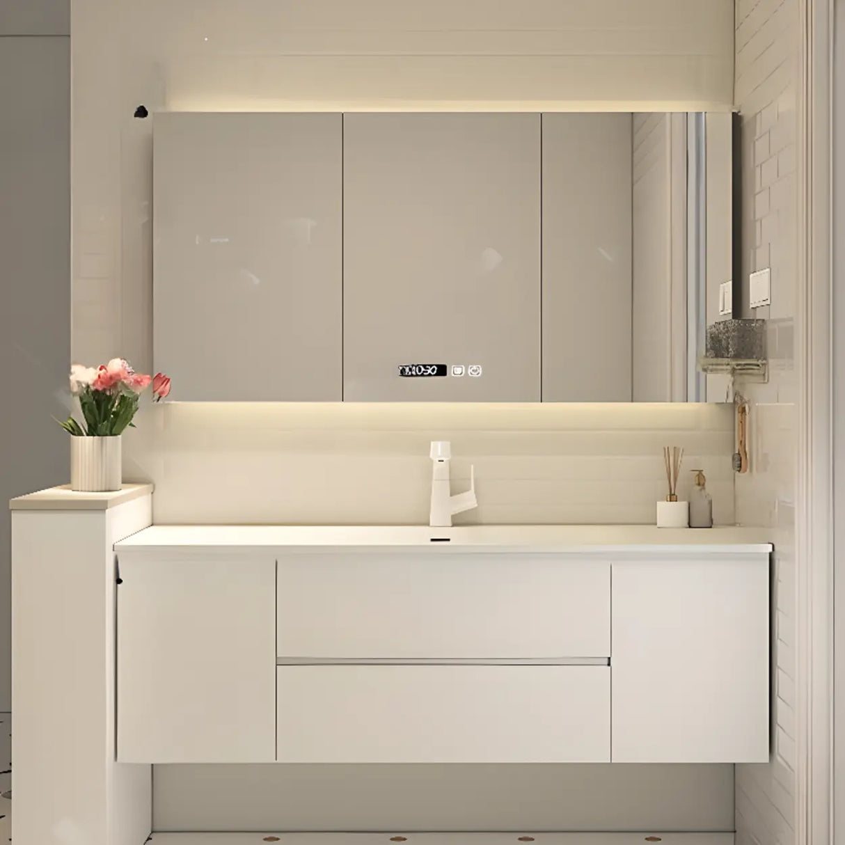 White Acrylic Wall Mounted Bathroom Vanity with Drawers Image - 20