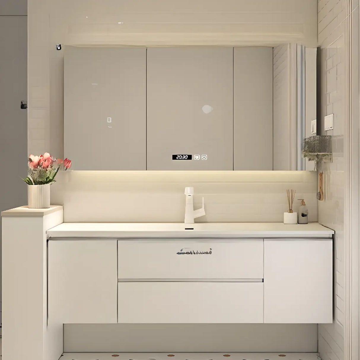 White Acrylic Wall Mounted Bathroom Vanity with Drawers Image - 4