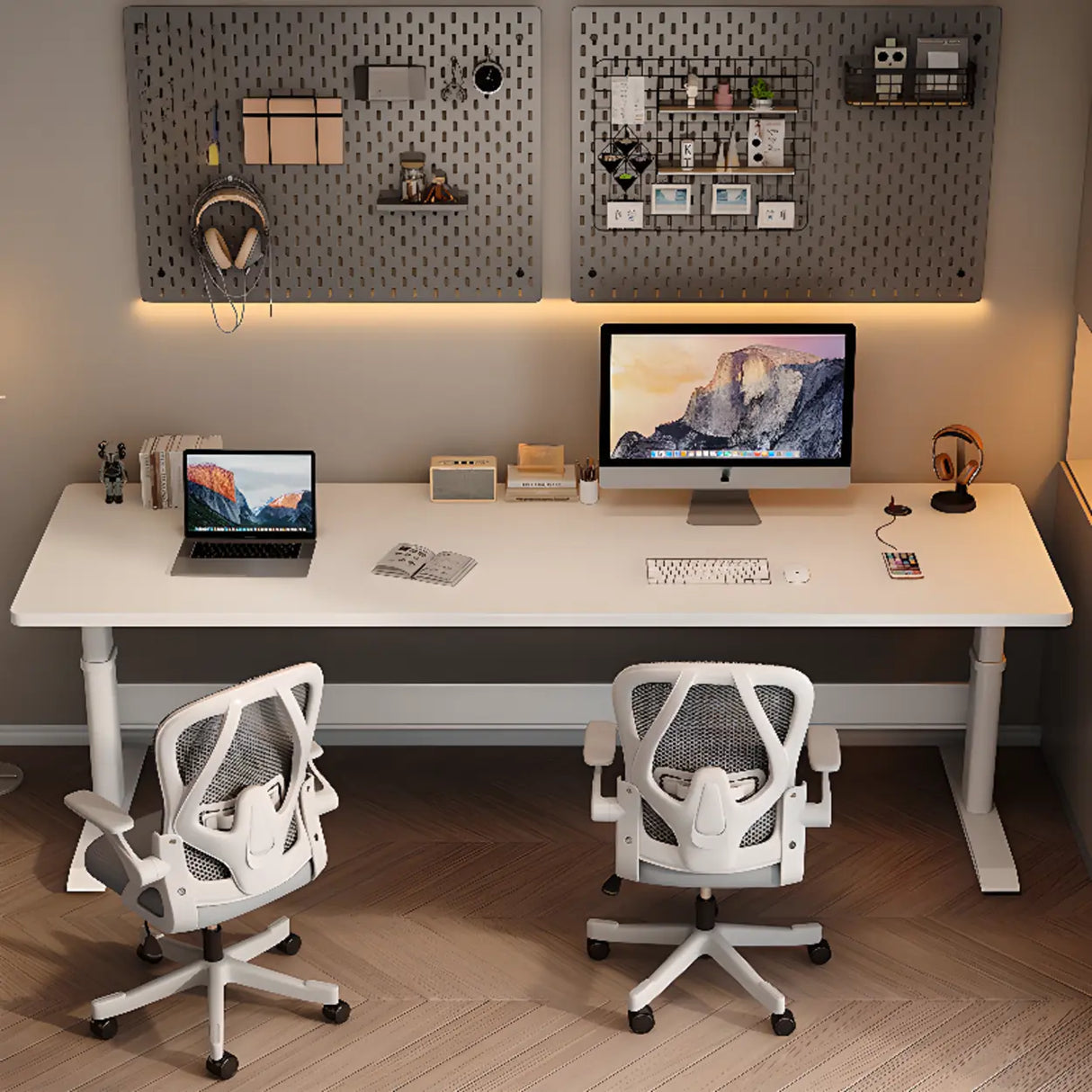 White Adjustable Double Wooden Computer Desk Image - 1