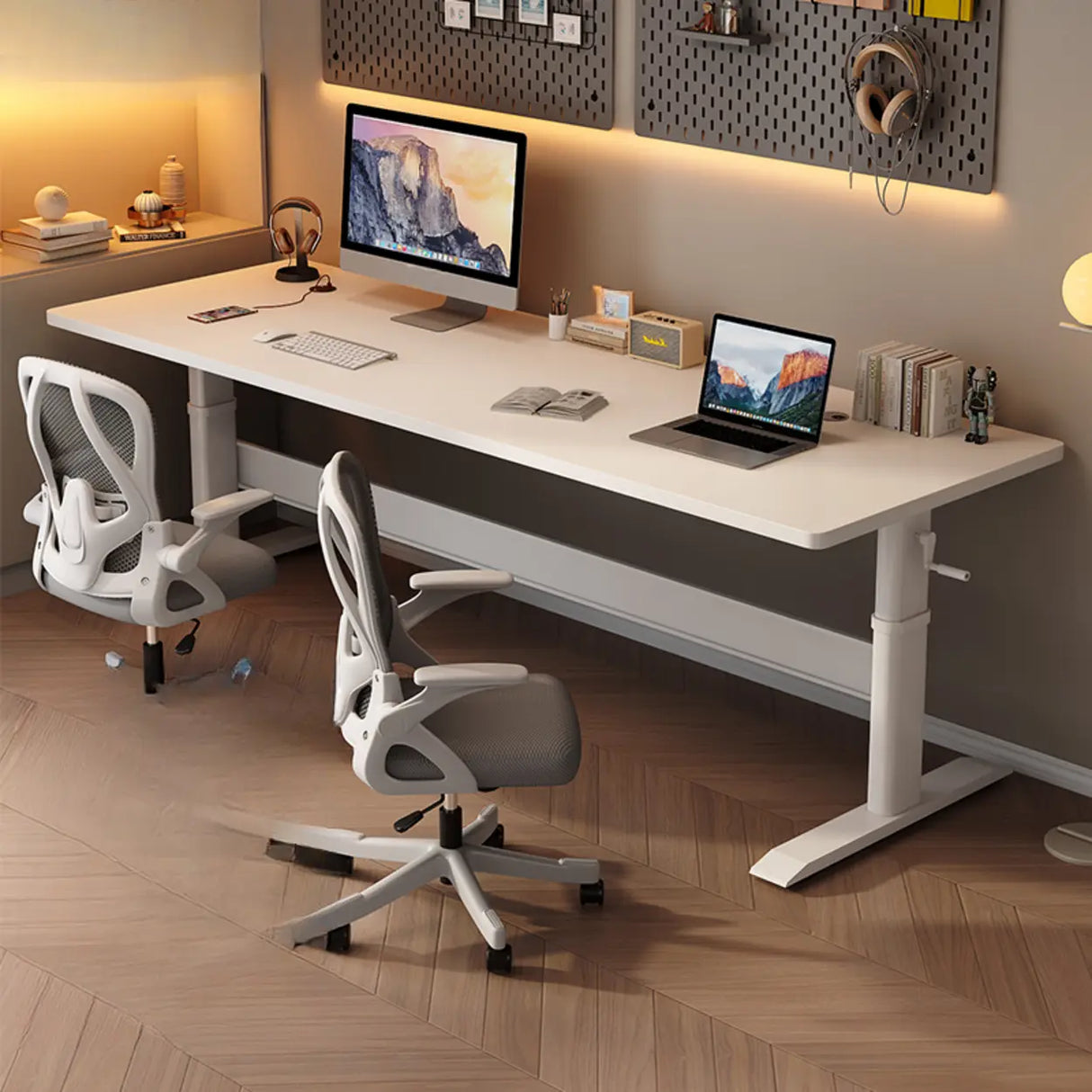 White Adjustable Double Wooden Computer Desk Image - 2