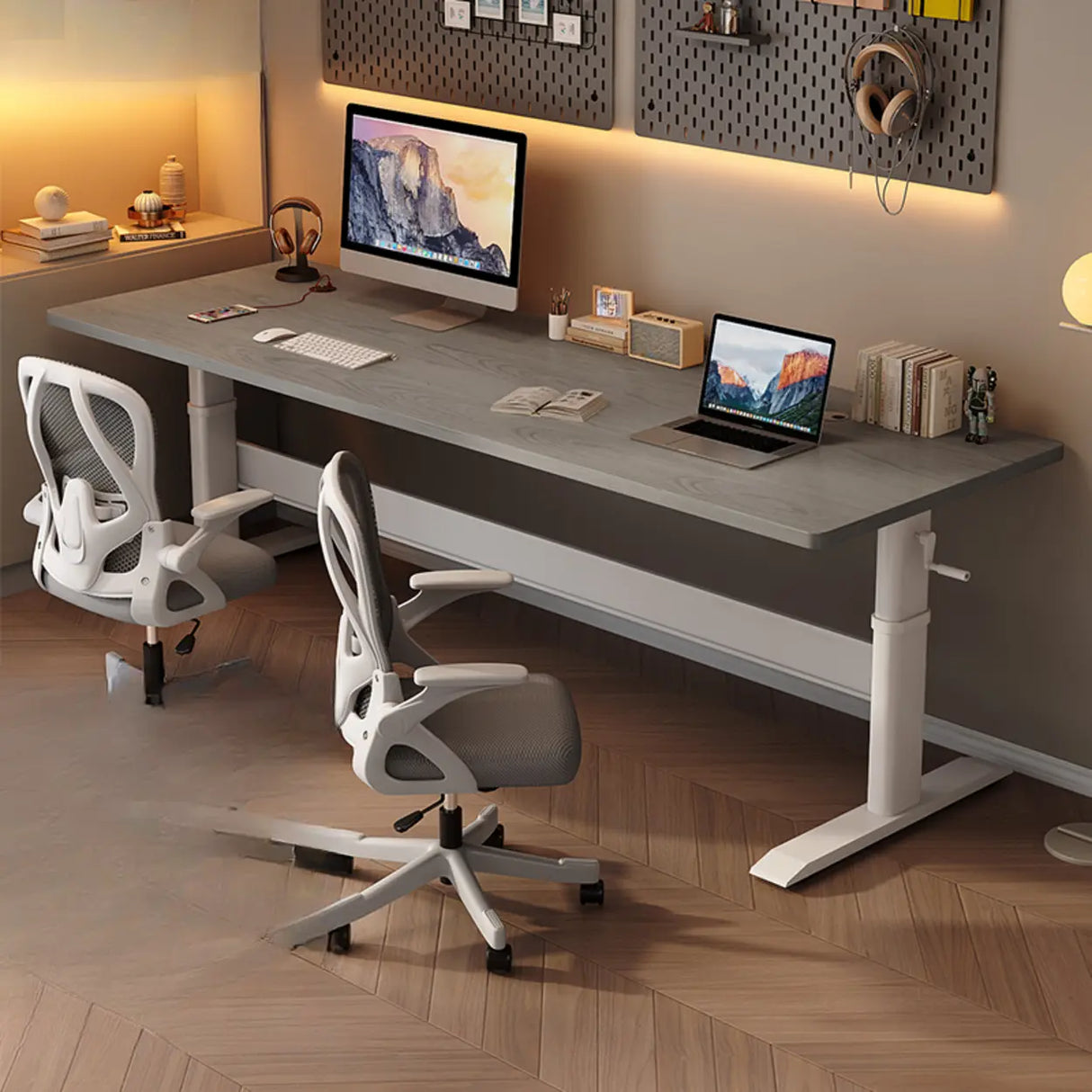 White Adjustable Double Wooden Computer Desk Image - 3