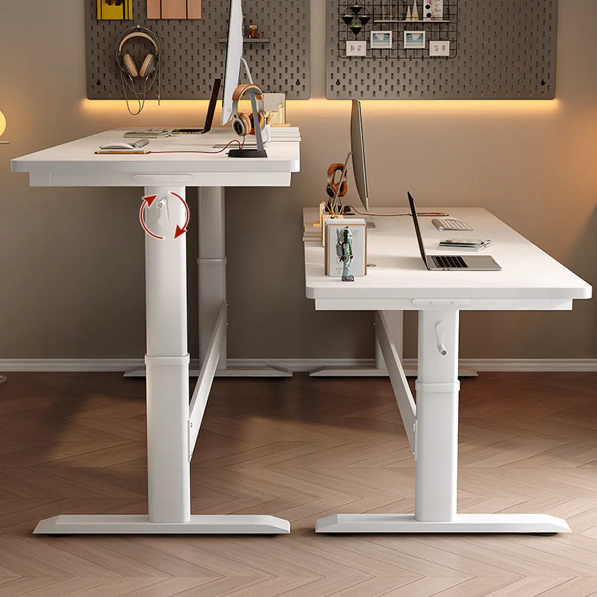 White Adjustable Double Wooden Computer Desk Image - 5