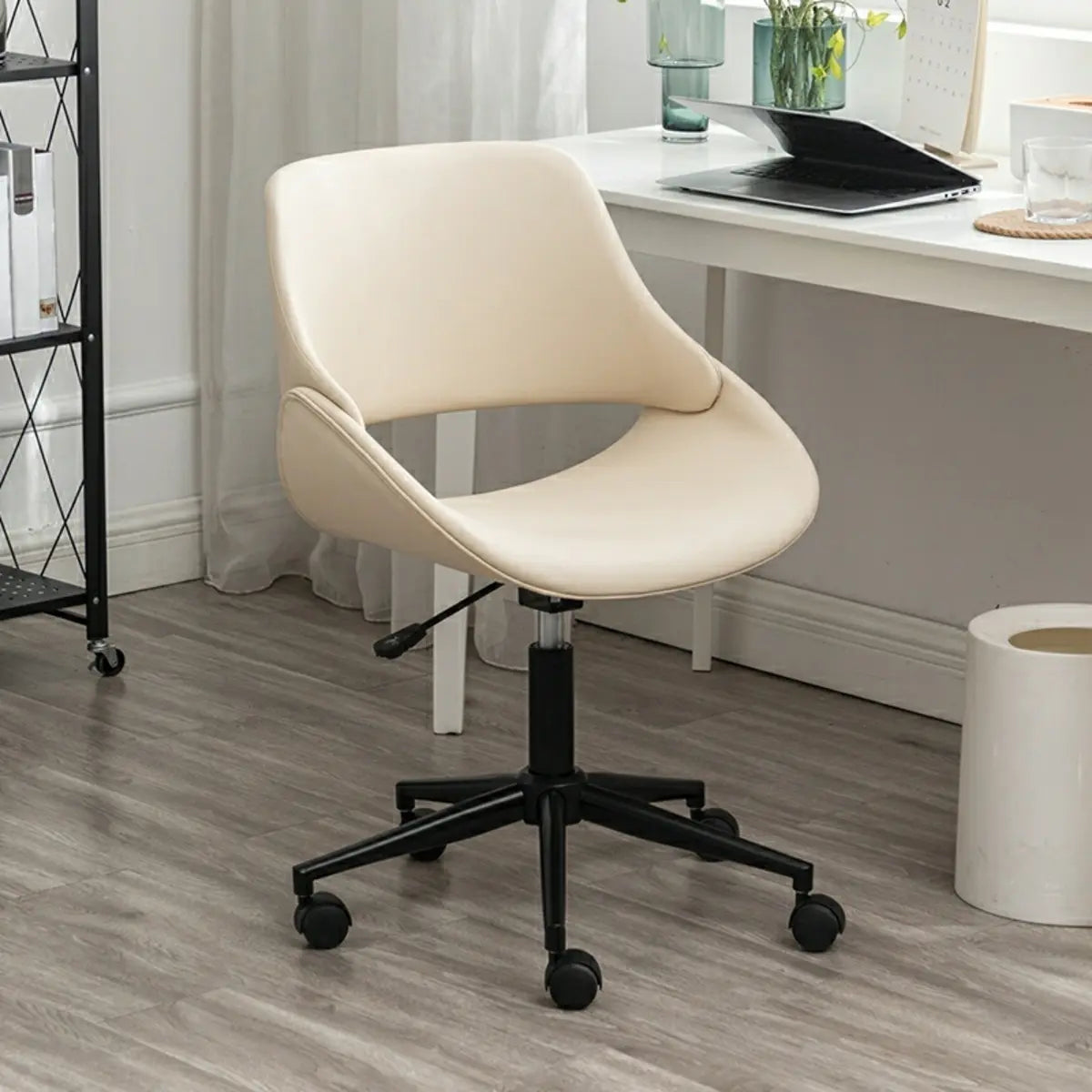 White Adjustable Ergonomic Leather Armless Office Chair Image - 2
