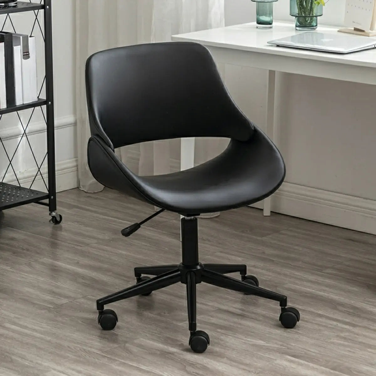 White Adjustable Ergonomic Leather Armless Office Chair Image - 3