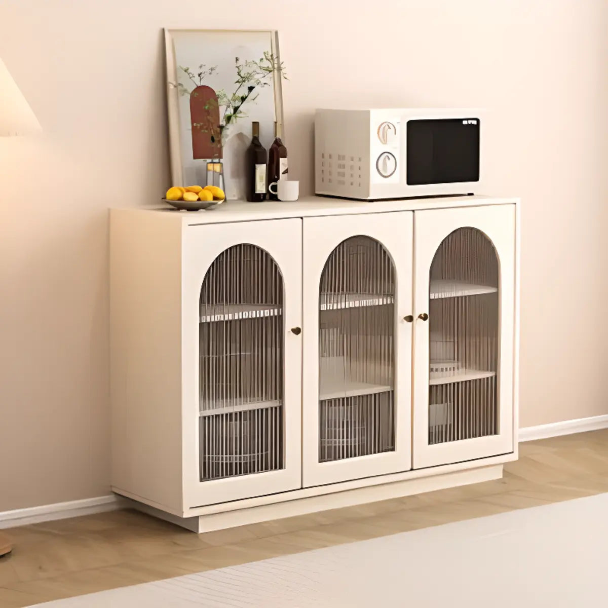 White Arched Clear Glass Doors Storage Buffet with Shelves Image - 1