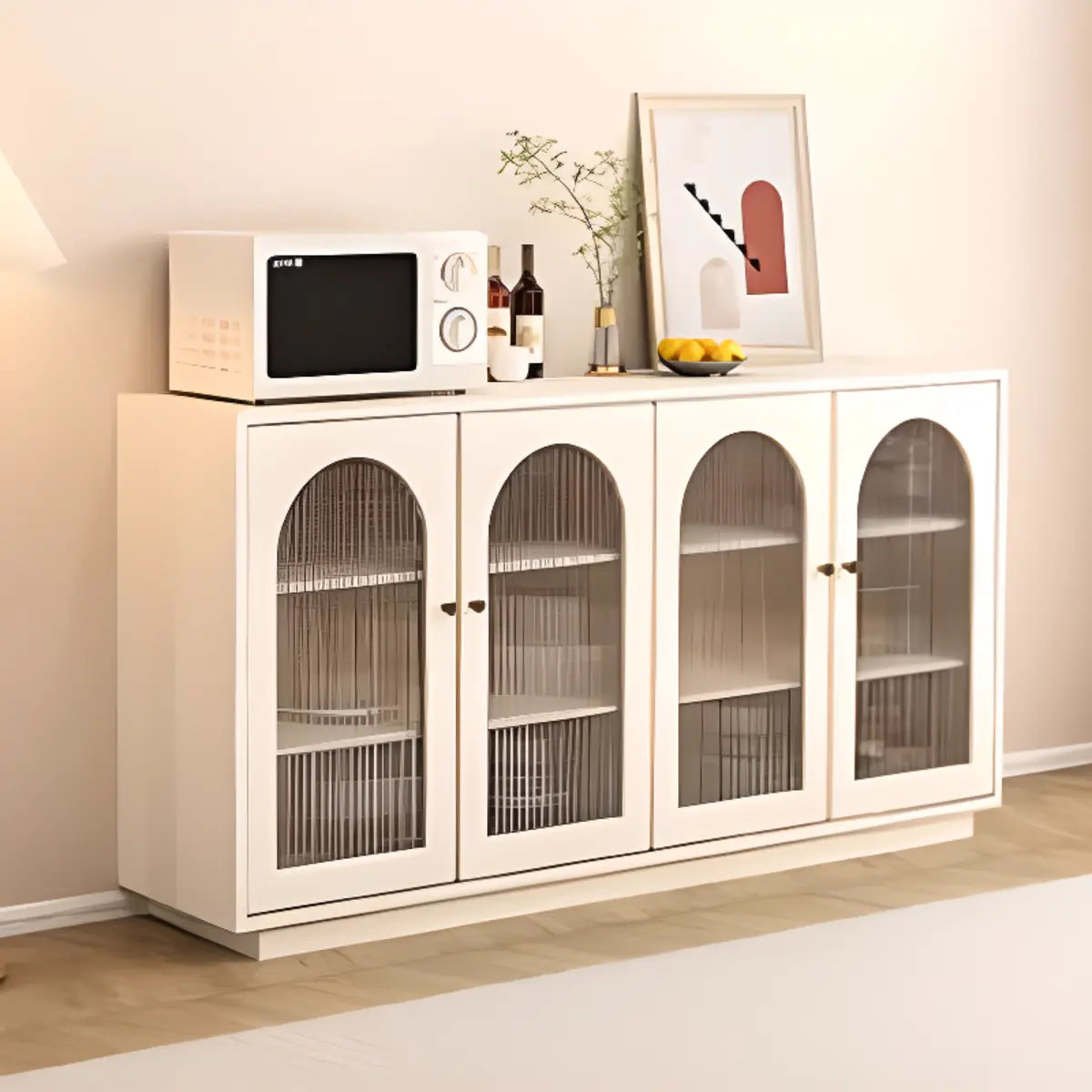 White Arched Clear Glass Doors Storage Buffet with Shelves Image - 4