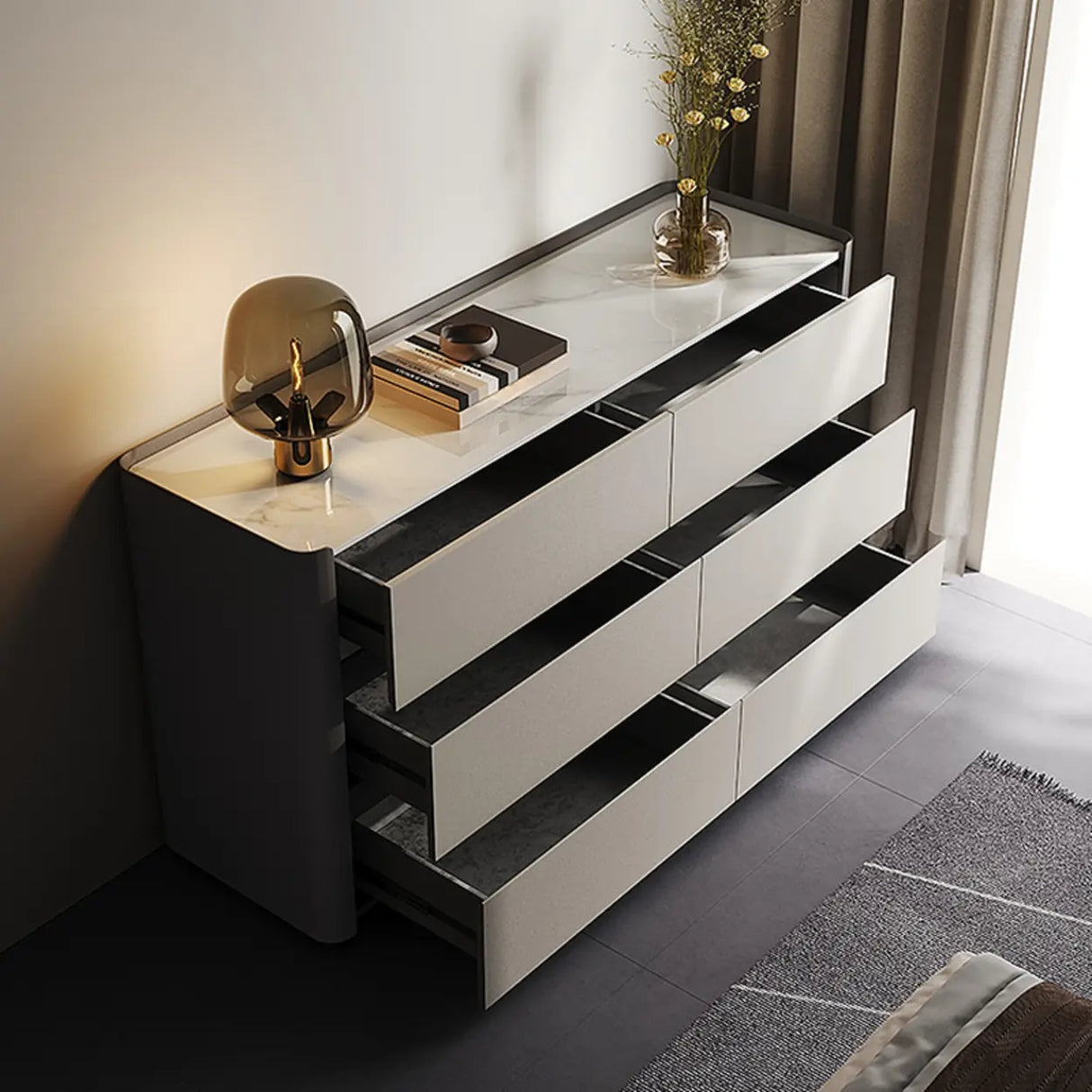 White-Beige Wood Six Drawers Double Dresser for Bedroom Image - 8