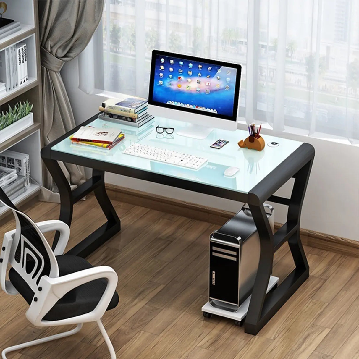 White-Black Glass Top Storage Sledge Computer Desk Image - 10