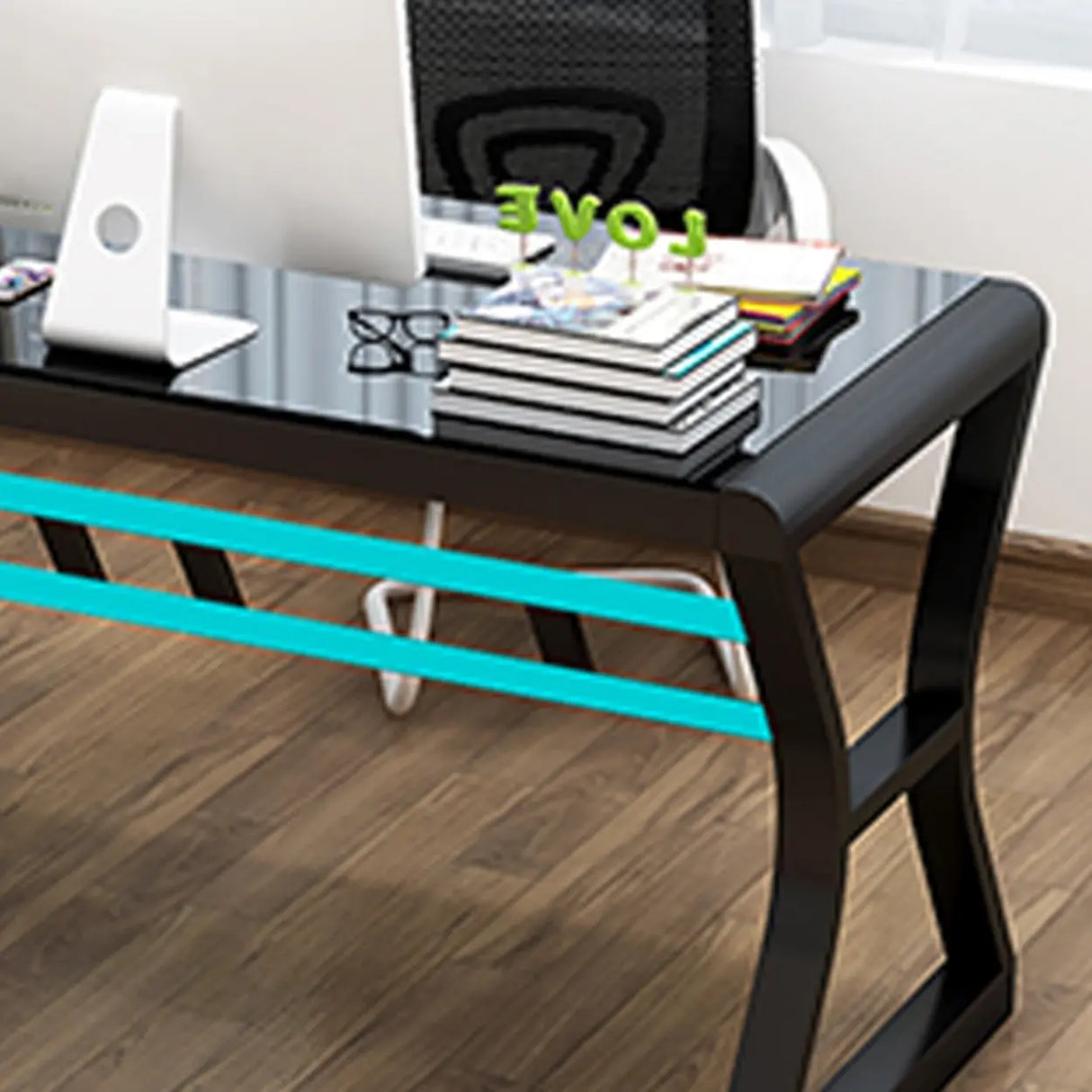 White-Black Glass Top Storage Sledge Computer Desk Image - 11