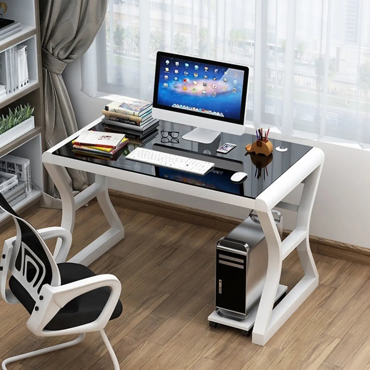 White-Black Glass Top Storage Sledge Computer Desk Image - 12