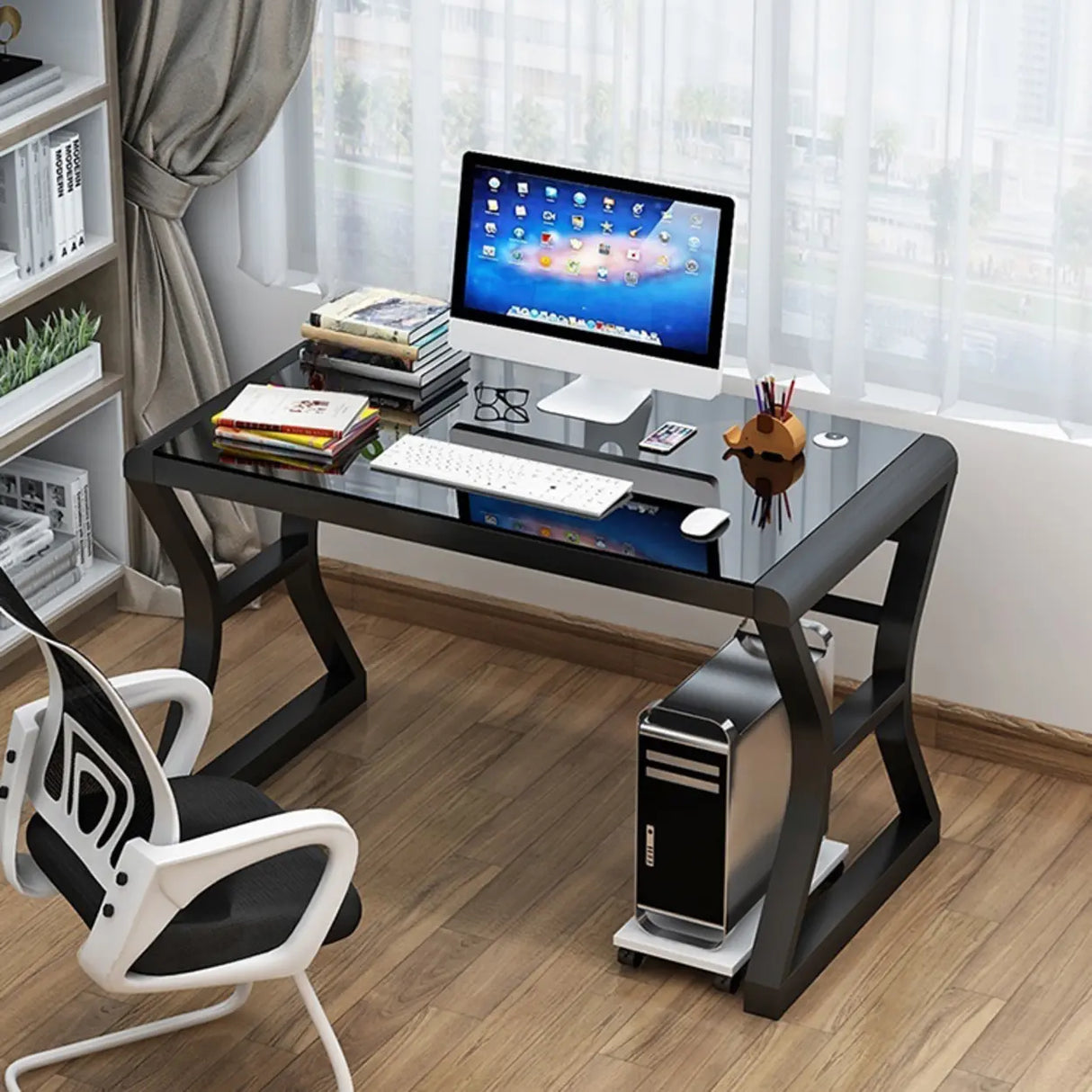 White-Black Glass Top Storage Sledge Computer Desk Image - 13