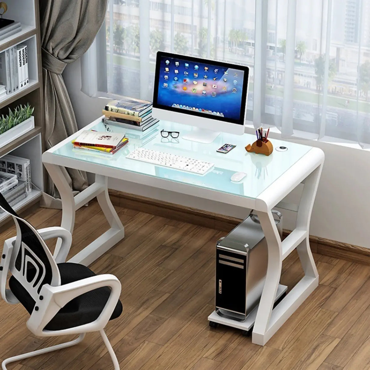 White-Black Glass Top Storage Sledge Computer Desk Image - 14