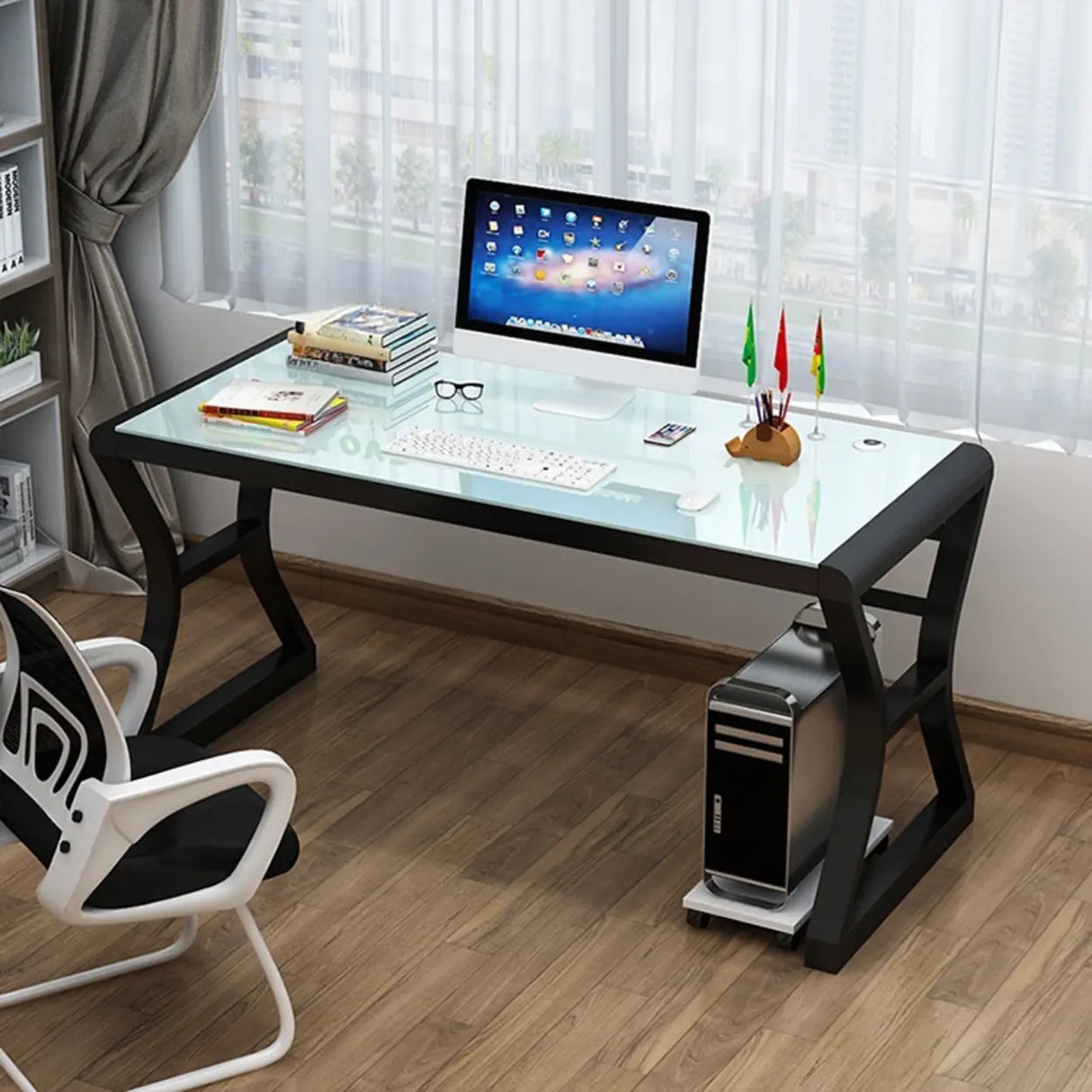 White-Black Glass Top Storage Sledge Computer Desk Image - 15