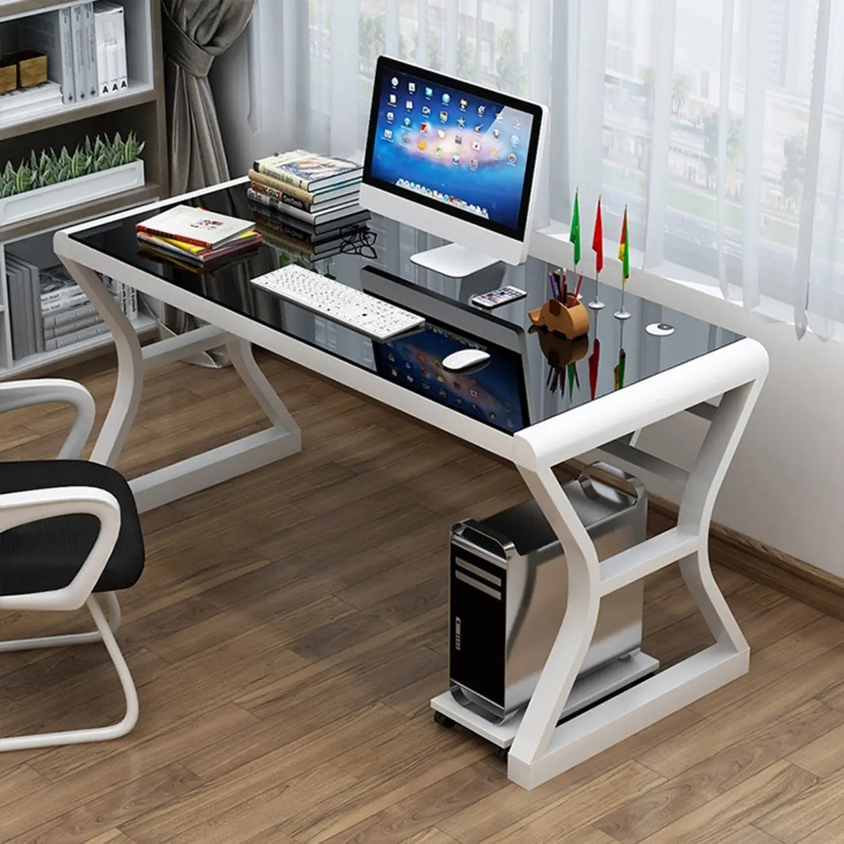 White-Black Glass Top Storage Sledge Computer Desk Image - 16