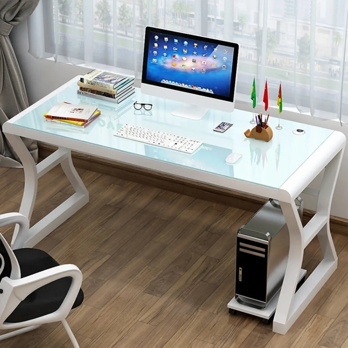 White-Black Glass Top Storage Sledge Computer Desk Image - 18
