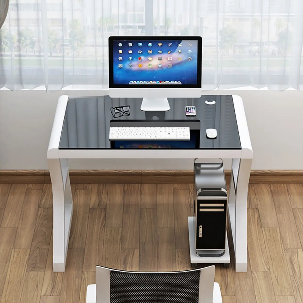 White-Black Glass Top Storage Sledge Computer Desk Image - 19