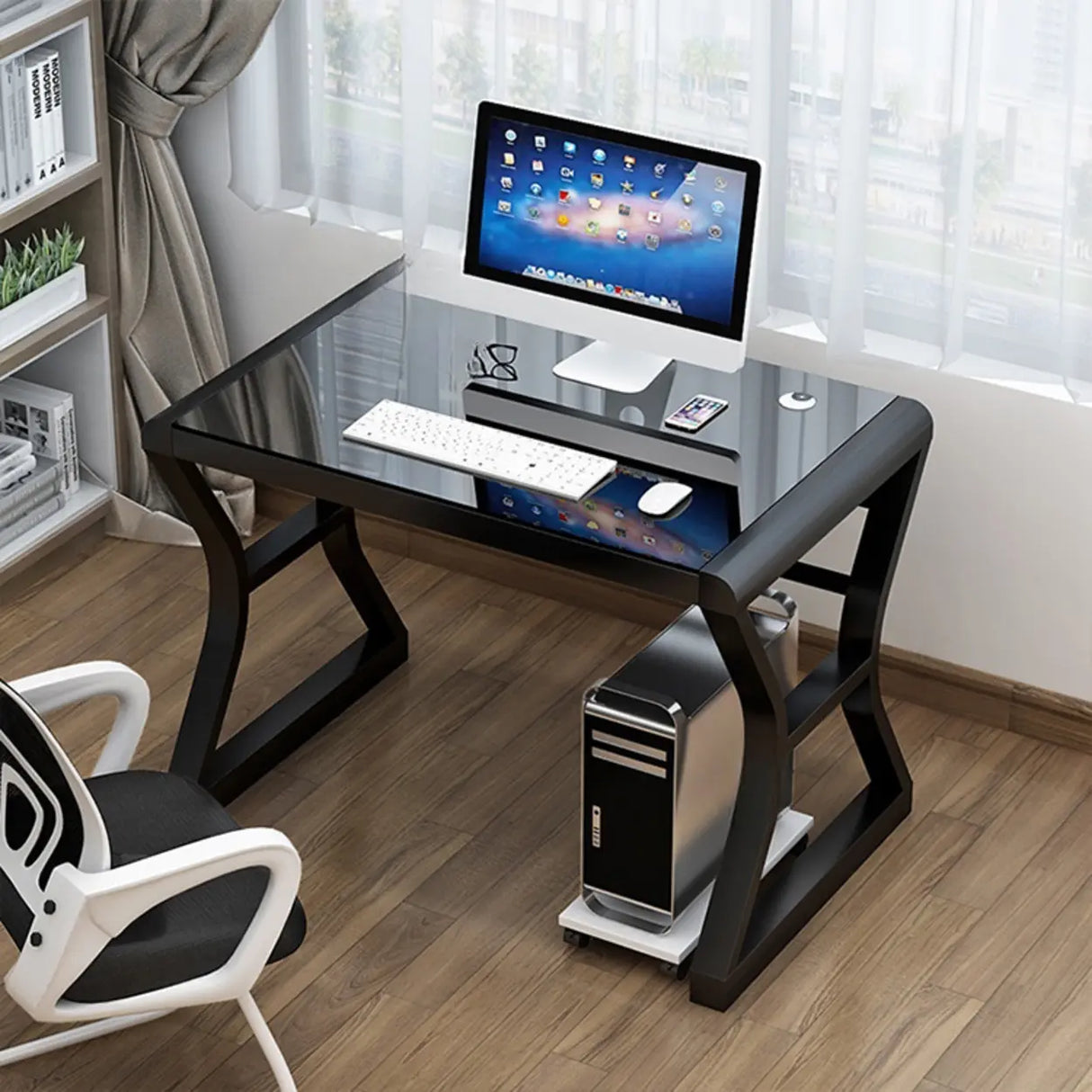 White-Black Glass Top Storage Sledge Computer Desk Image - 20