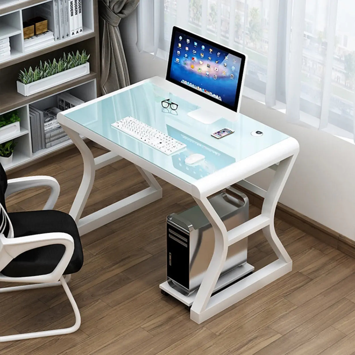 White-Black Glass Top Storage Sledge Computer Desk Image - 21