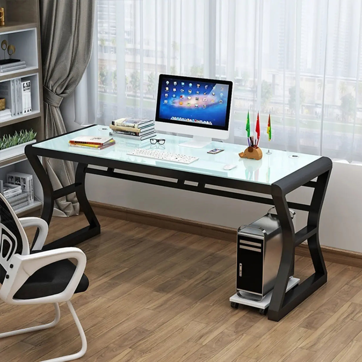 White-Black Glass Top Storage Sledge Computer Desk Image - 22