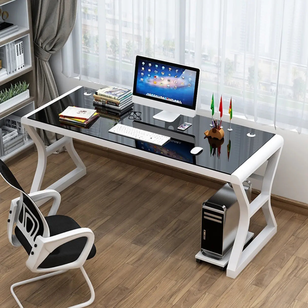 White-Black Glass Top Storage Sledge Computer Desk Image - 23