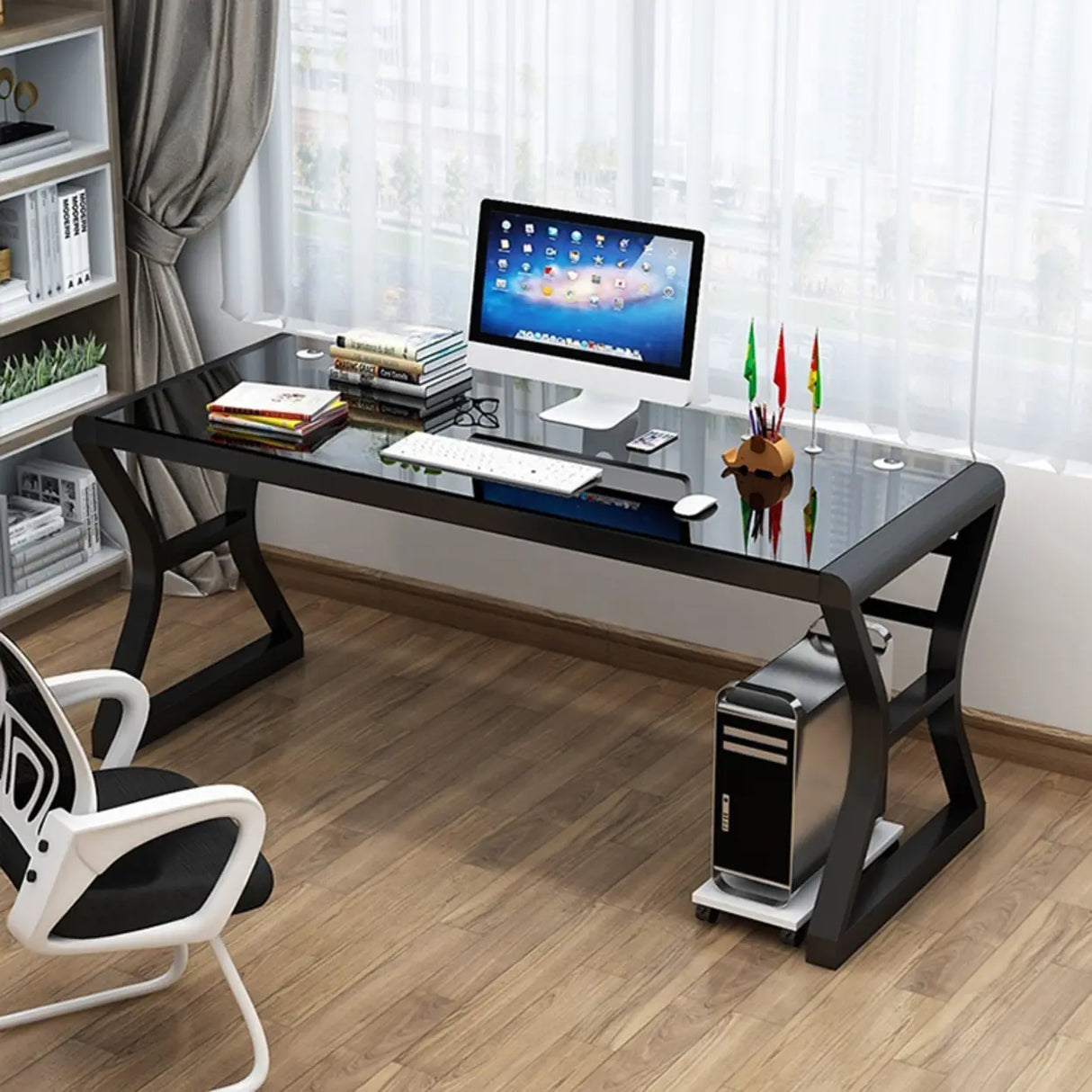 White-Black Glass Top Storage Sledge Computer Desk Image - 24