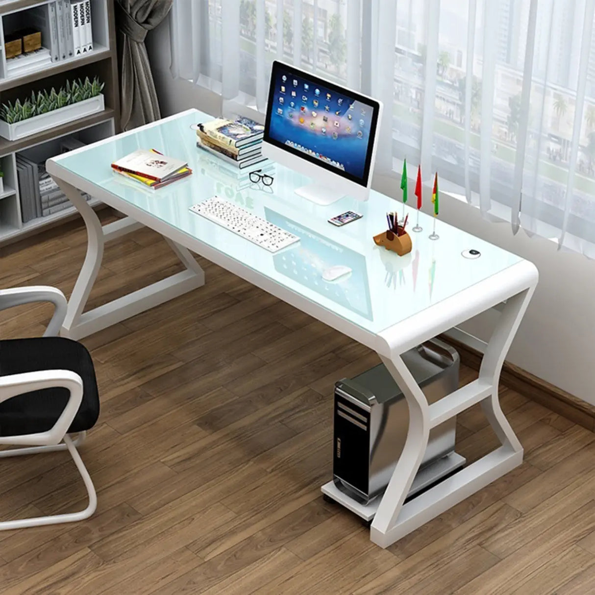 White-Black Glass Top Storage Sledge Computer Desk Image - 25