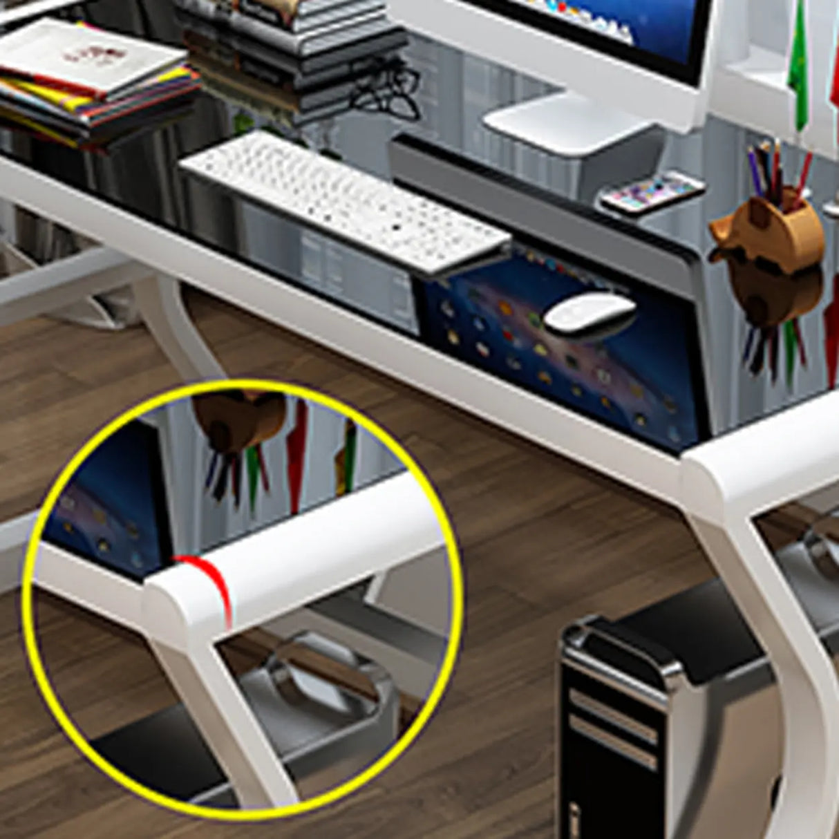 White-Black Glass Top Storage Sledge Computer Desk Image - 3