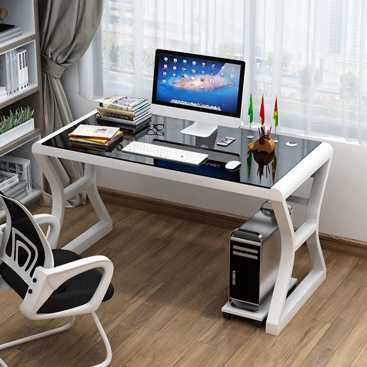 White-Black Glass Top Storage Sledge Computer Desk Image - 4