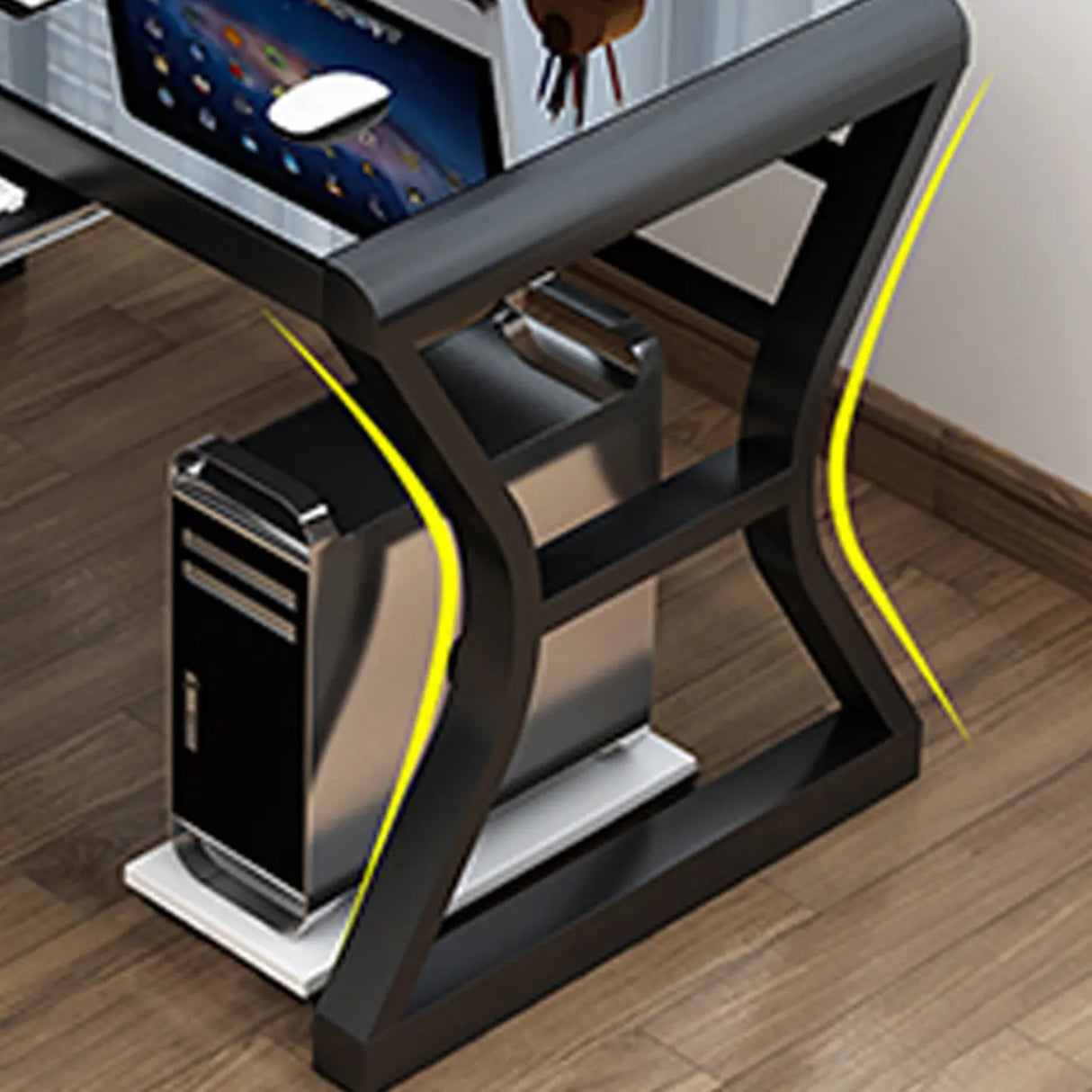 White-Black Glass Top Storage Sledge Computer Desk Image - 5