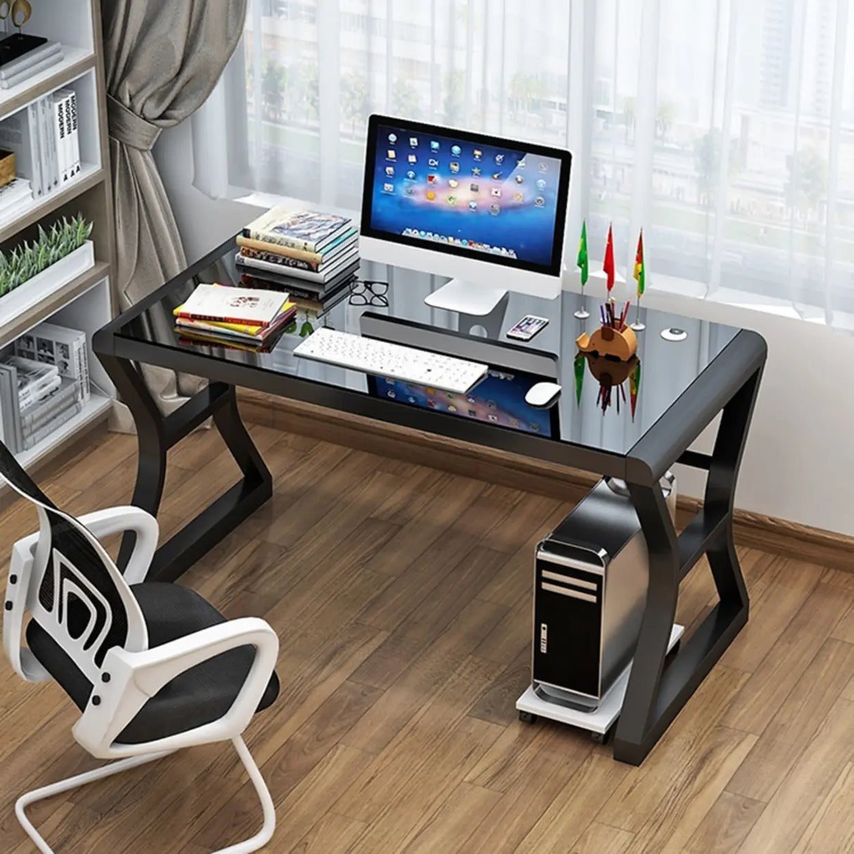 White-Black Glass Top Storage Sledge Computer Desk Image - 6