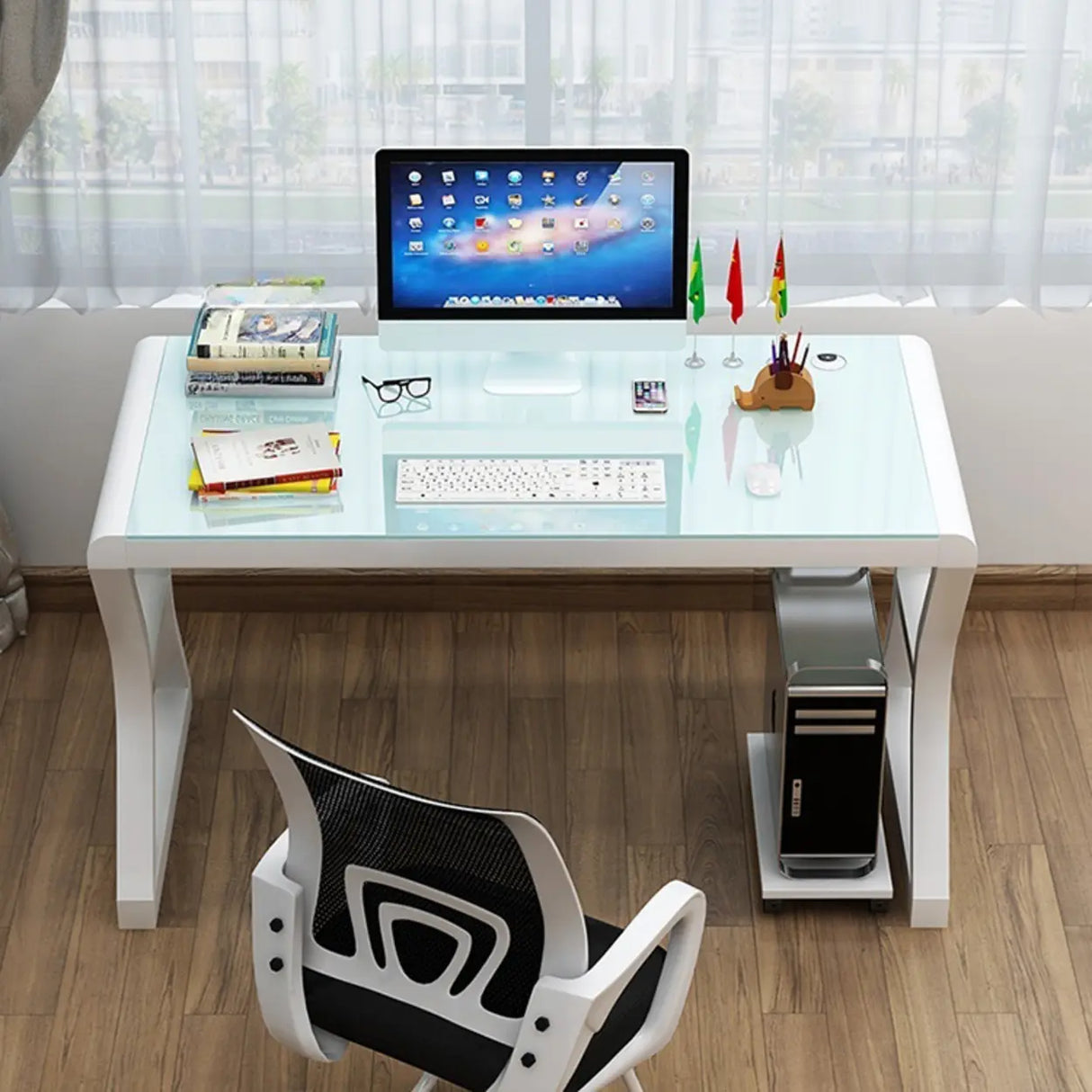 White-Black Glass Top Storage Sledge Computer Desk Image - 7