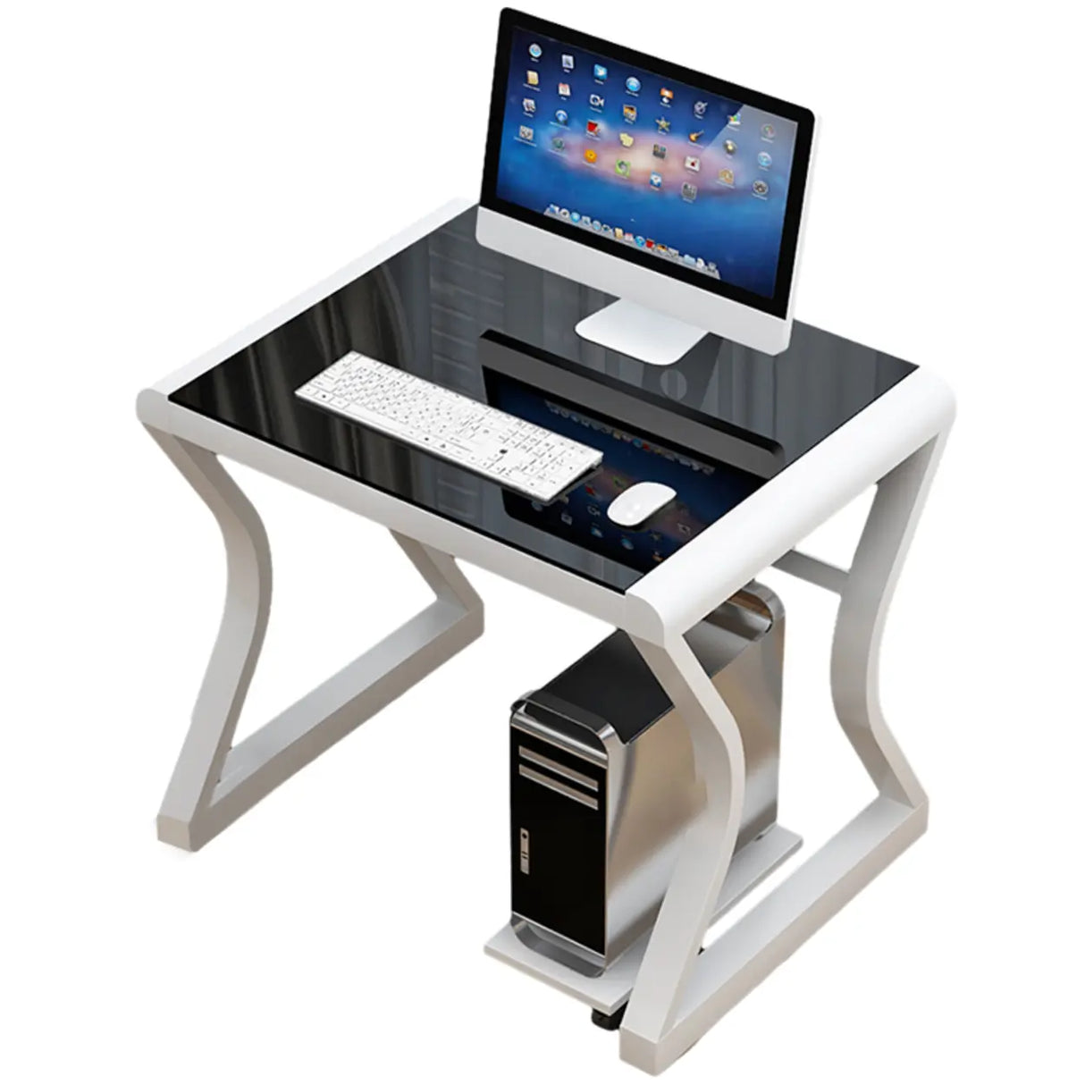 White-Black Glass Top Storage Sledge Computer Desk Image - 9