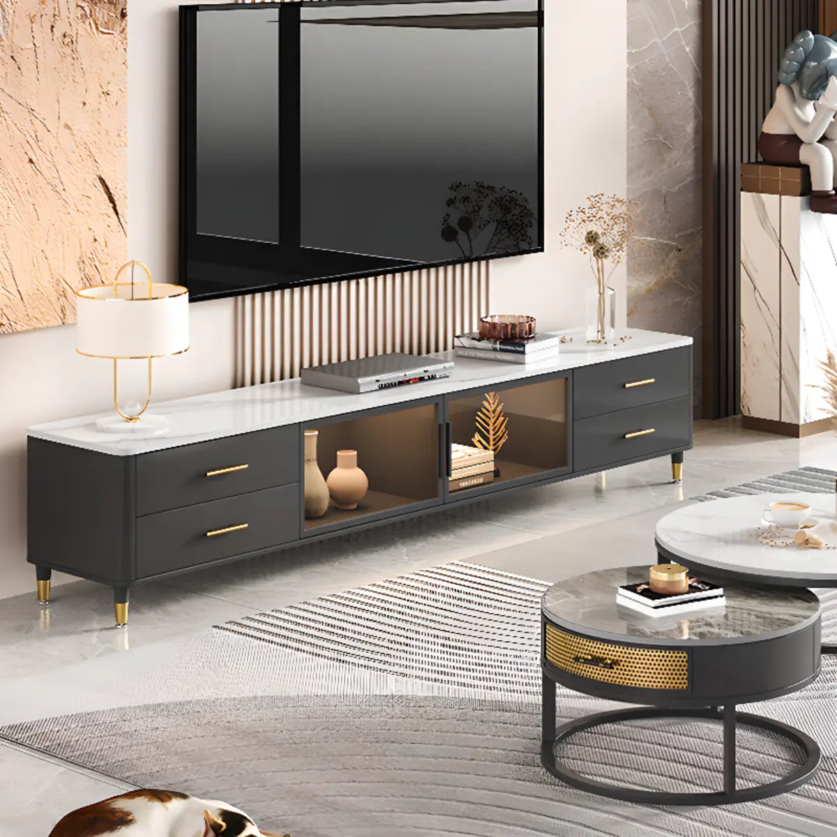 White-Black Stone Cabinet TV Stand with Lighting Image - 1
