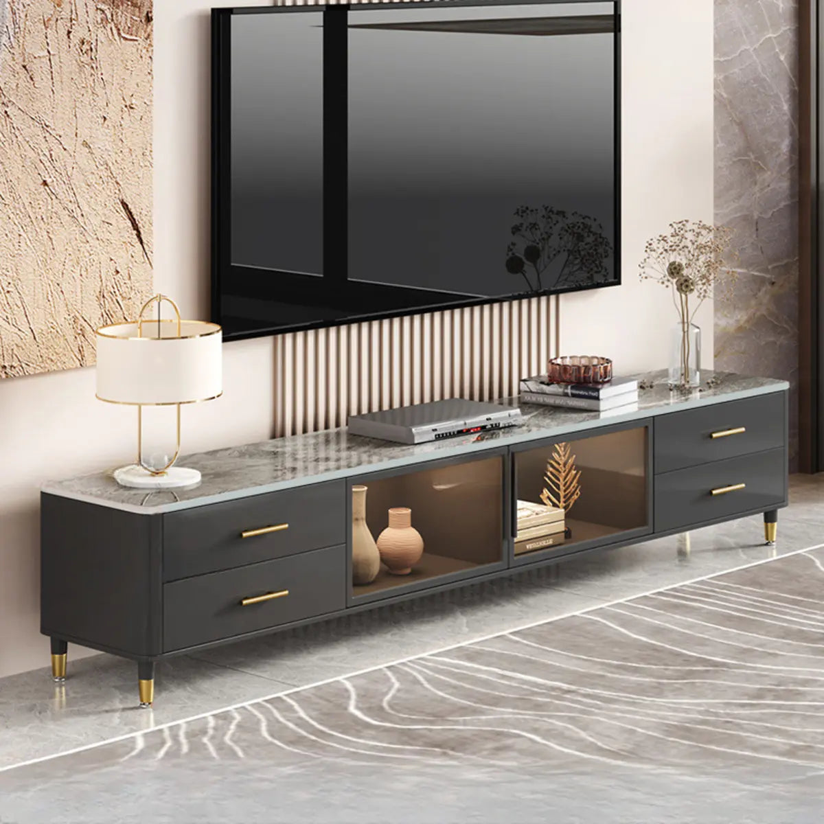 White-Black Stone Cabinet TV Stand with Lighting Image - 10