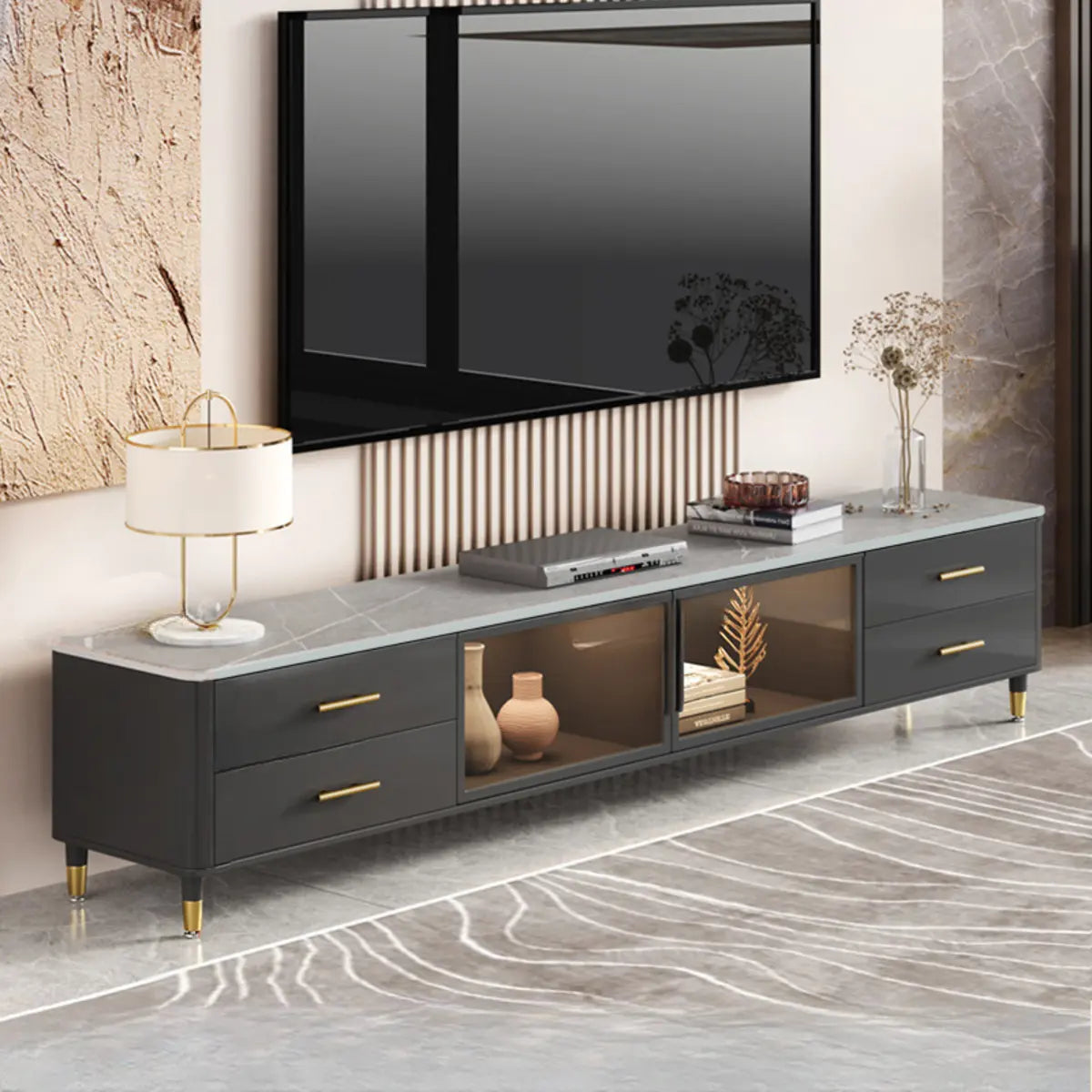 White-Black Stone Cabinet TV Stand with Lighting Image - 13