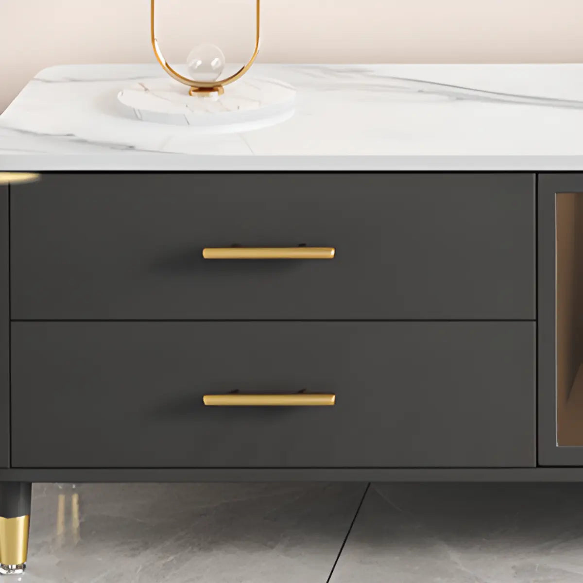 White-Black Stone Cabinet TV Stand with Lighting Image - 15