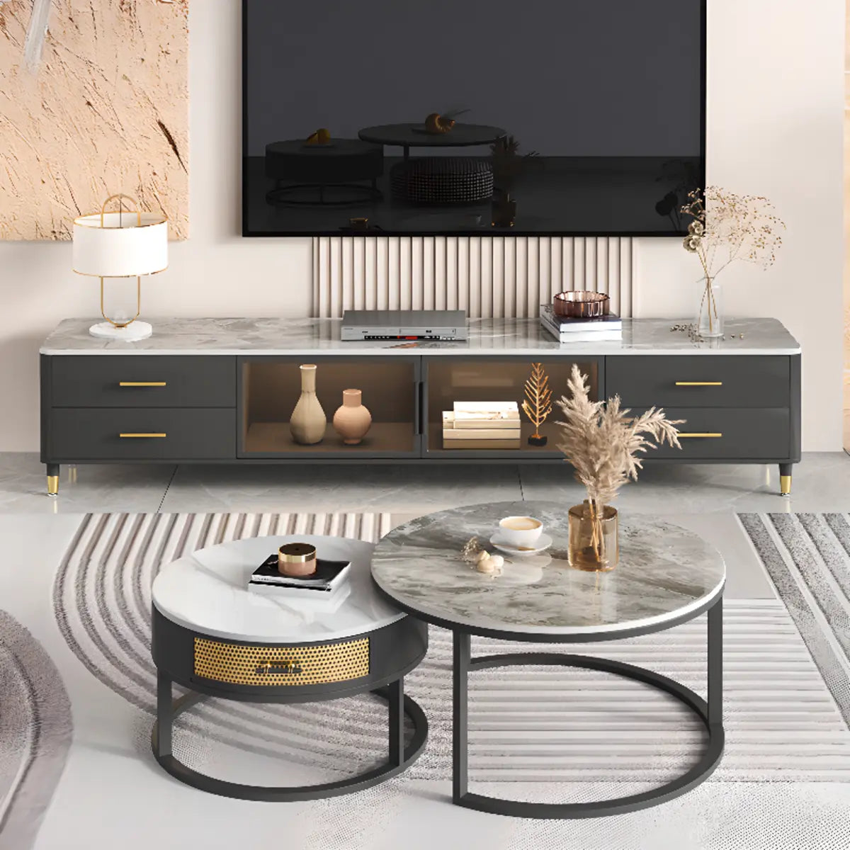 White-Black Stone Cabinet TV Stand with Lighting Image - 2