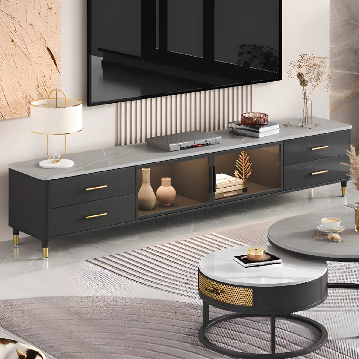 White-Black Stone Cabinet TV Stand with Lighting Image - 3
