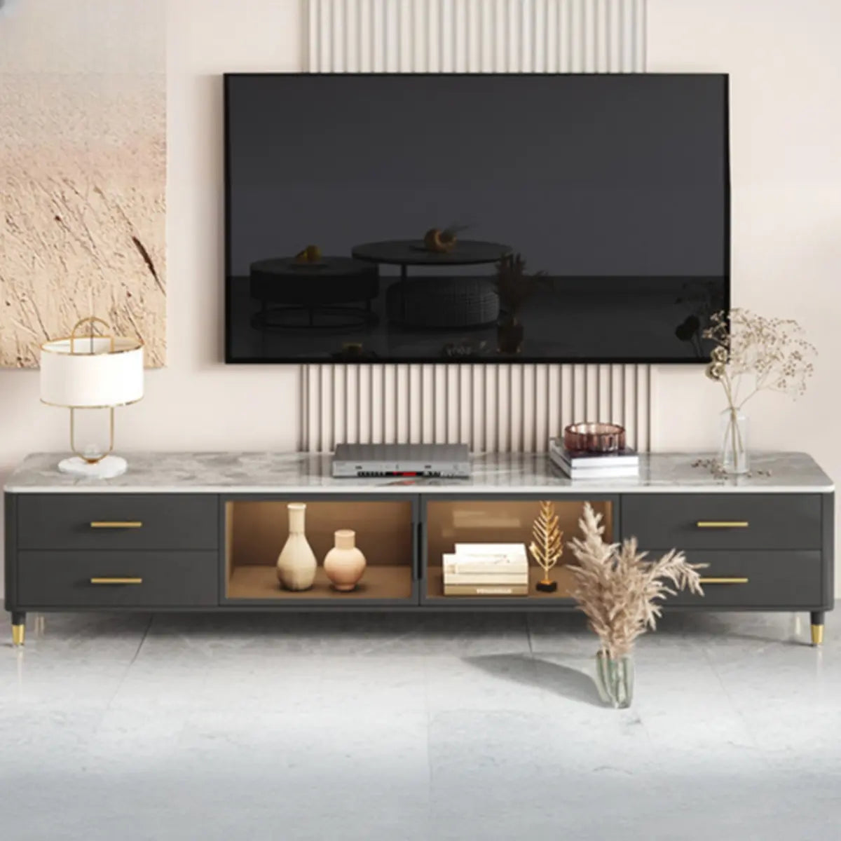White-Black Stone Cabinet TV Stand with Lighting Image - 4