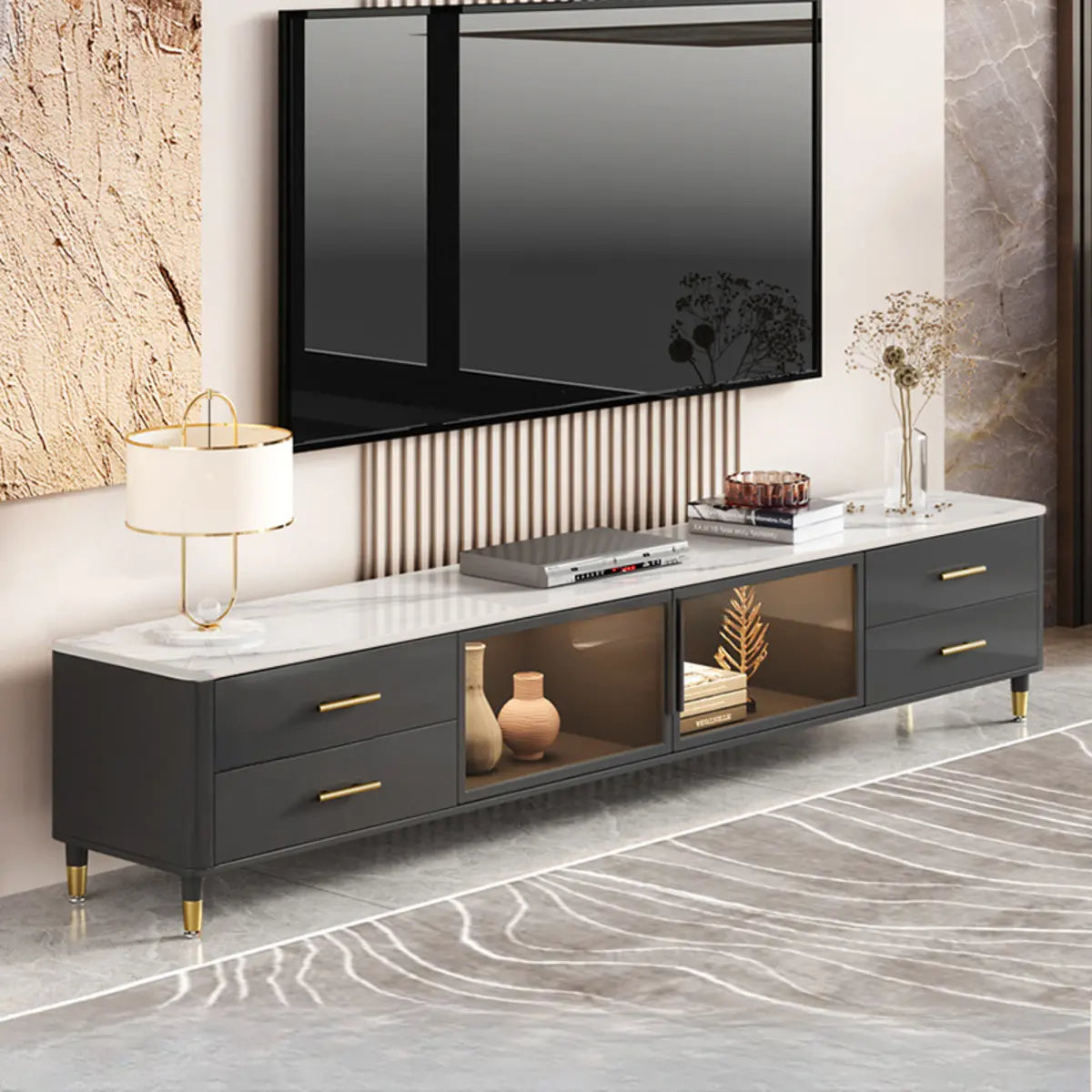 White-Black Stone Cabinet TV Stand with Lighting Image - 6