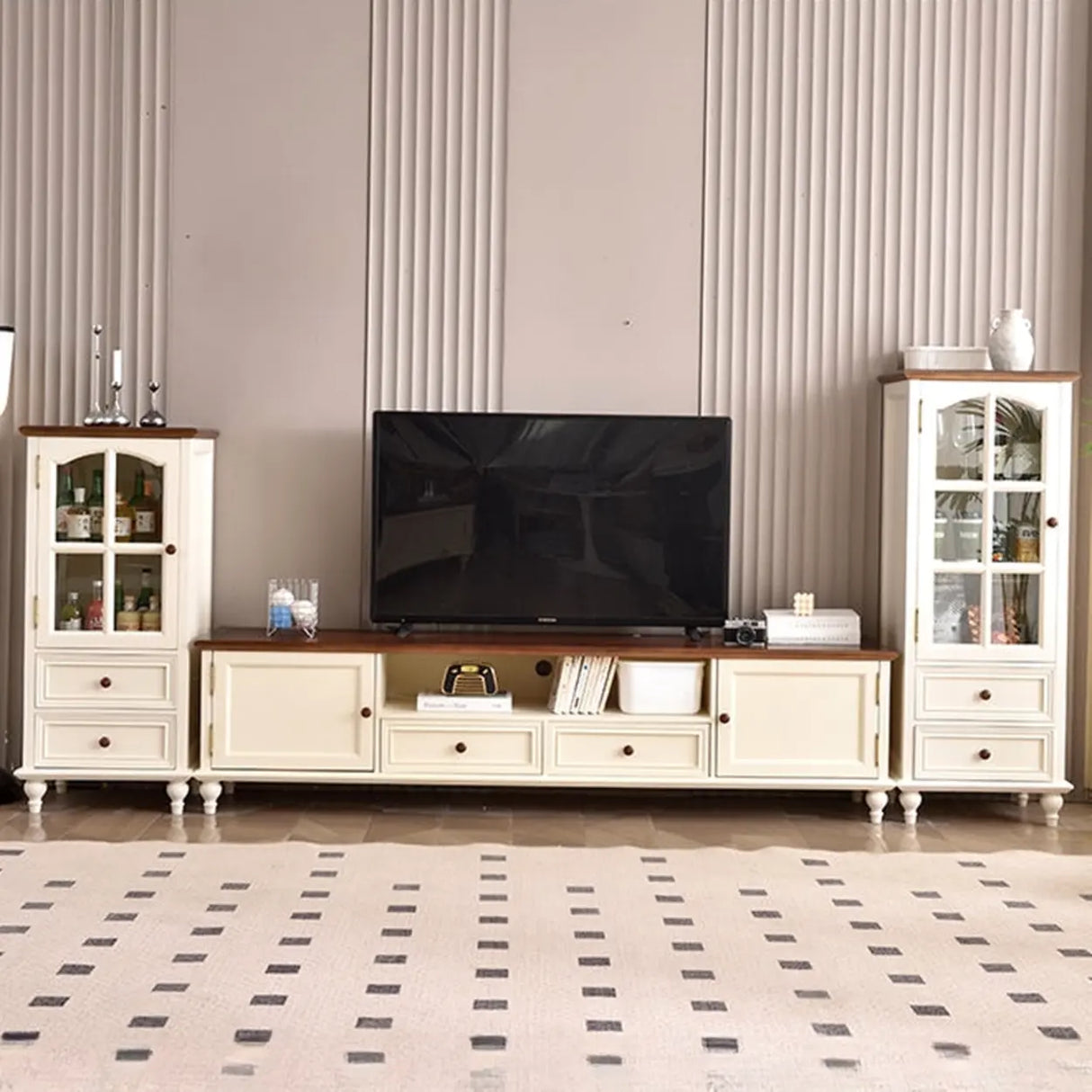 White-Brown Wood Open Storage Cabinet Cabinet TV Stand Image - 1