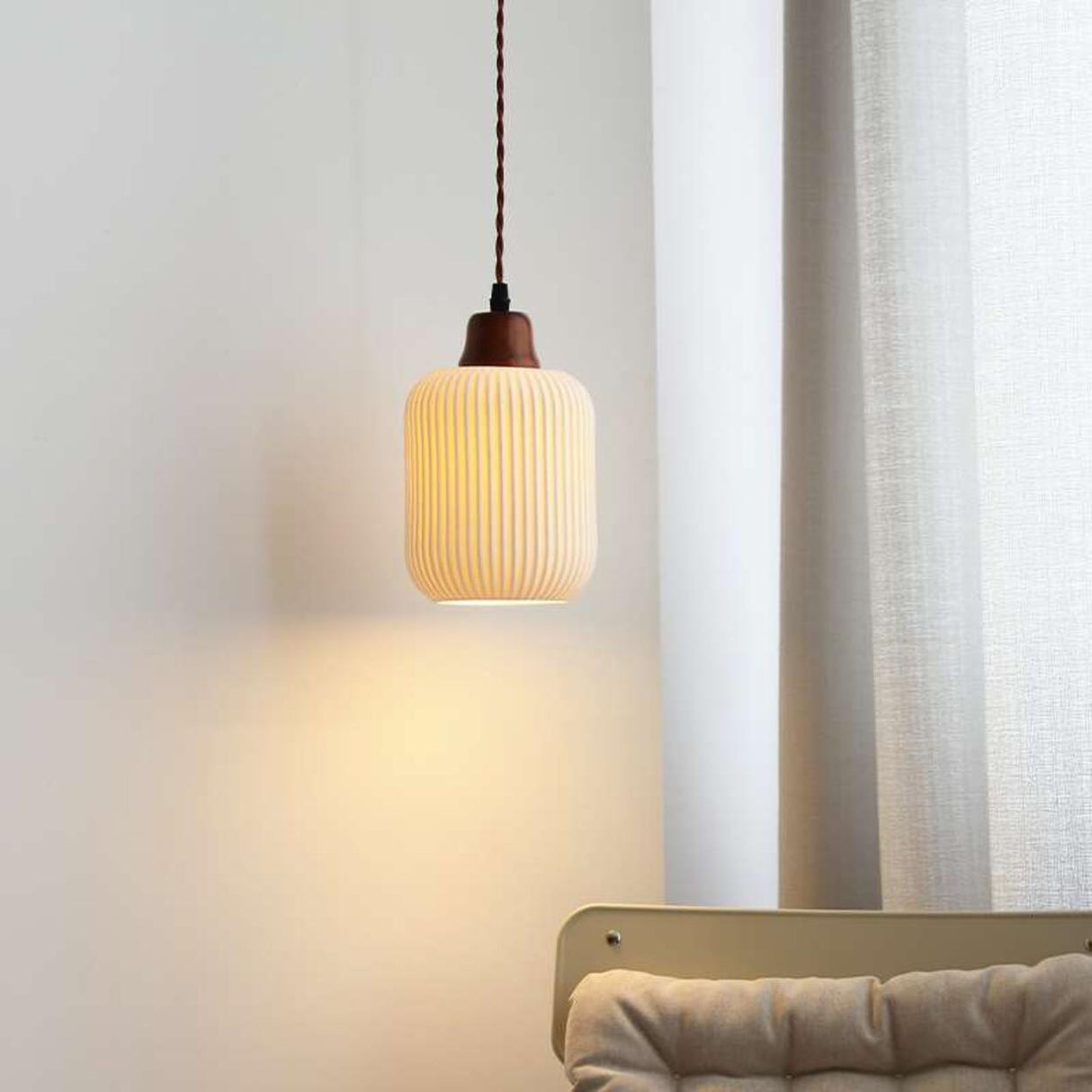 White Ceramic Ribbed Pendant Light Adjustable Height Image - 1