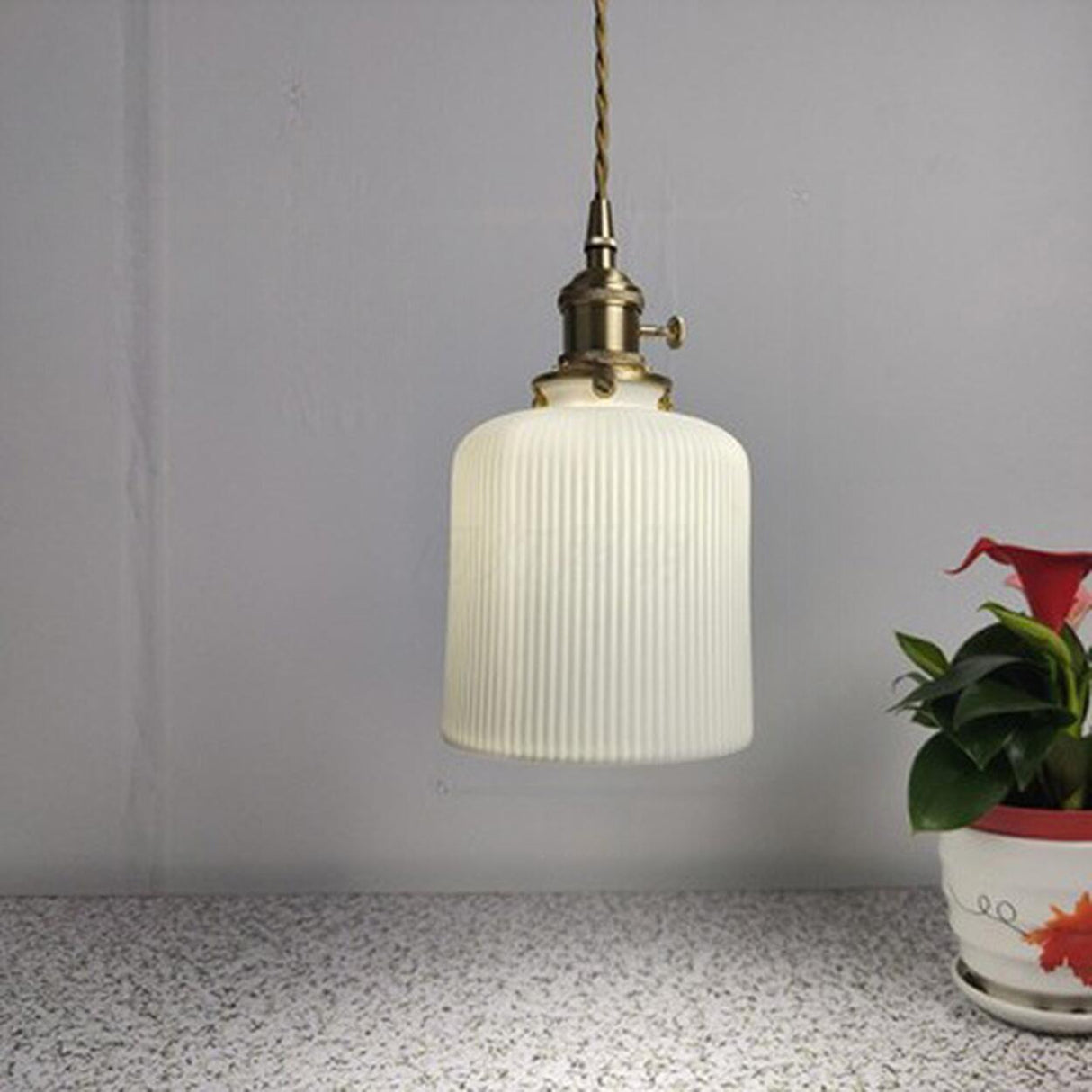 White Ceramic Ribbed Pendant Light Adjustable Height Image - 11