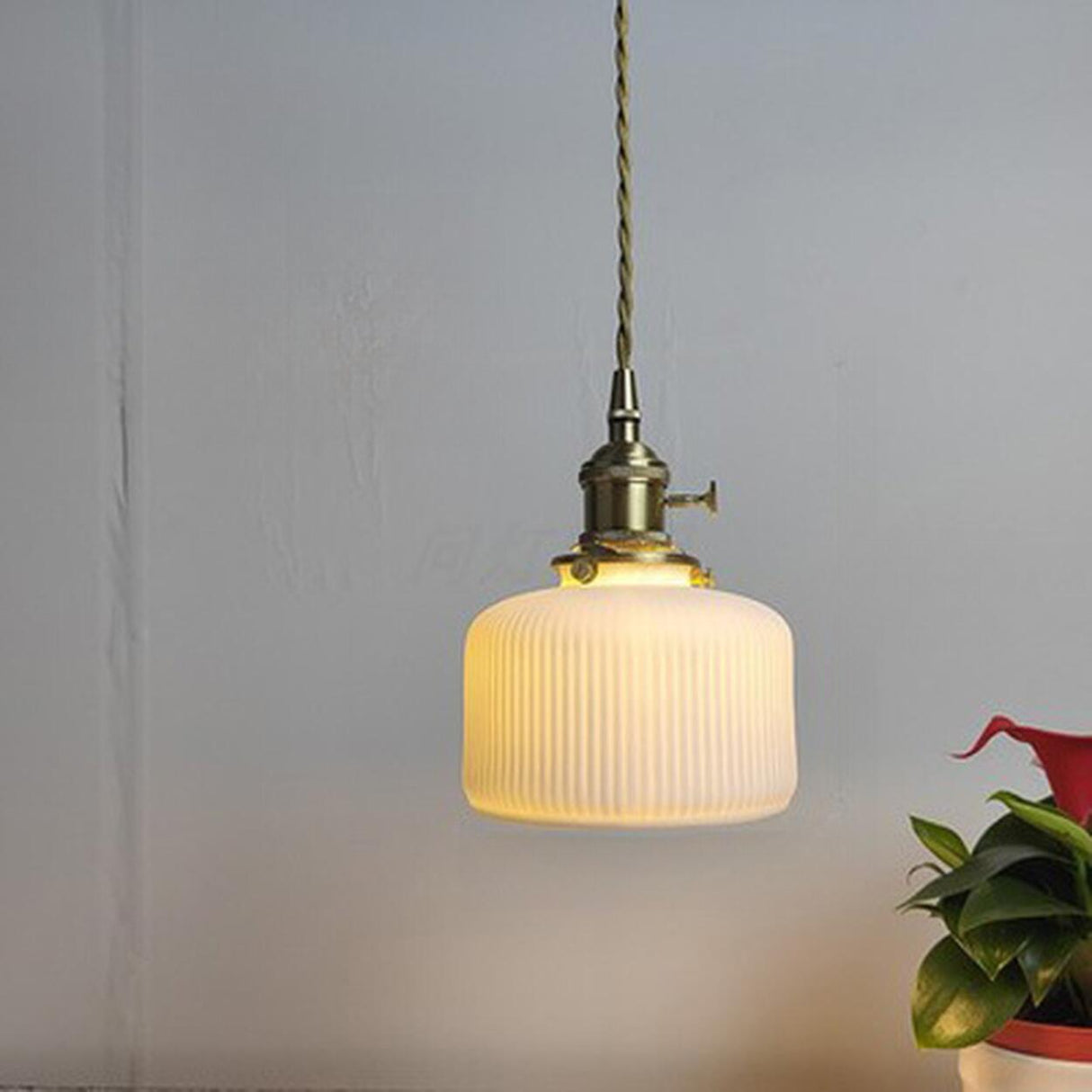 White Ceramic Ribbed Pendant Light Adjustable Height Image - 12