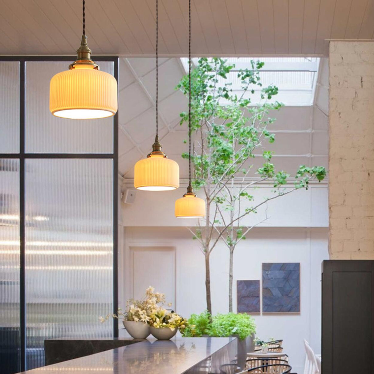 White Ceramic Ribbed Pendant Light Adjustable Height Image - 2