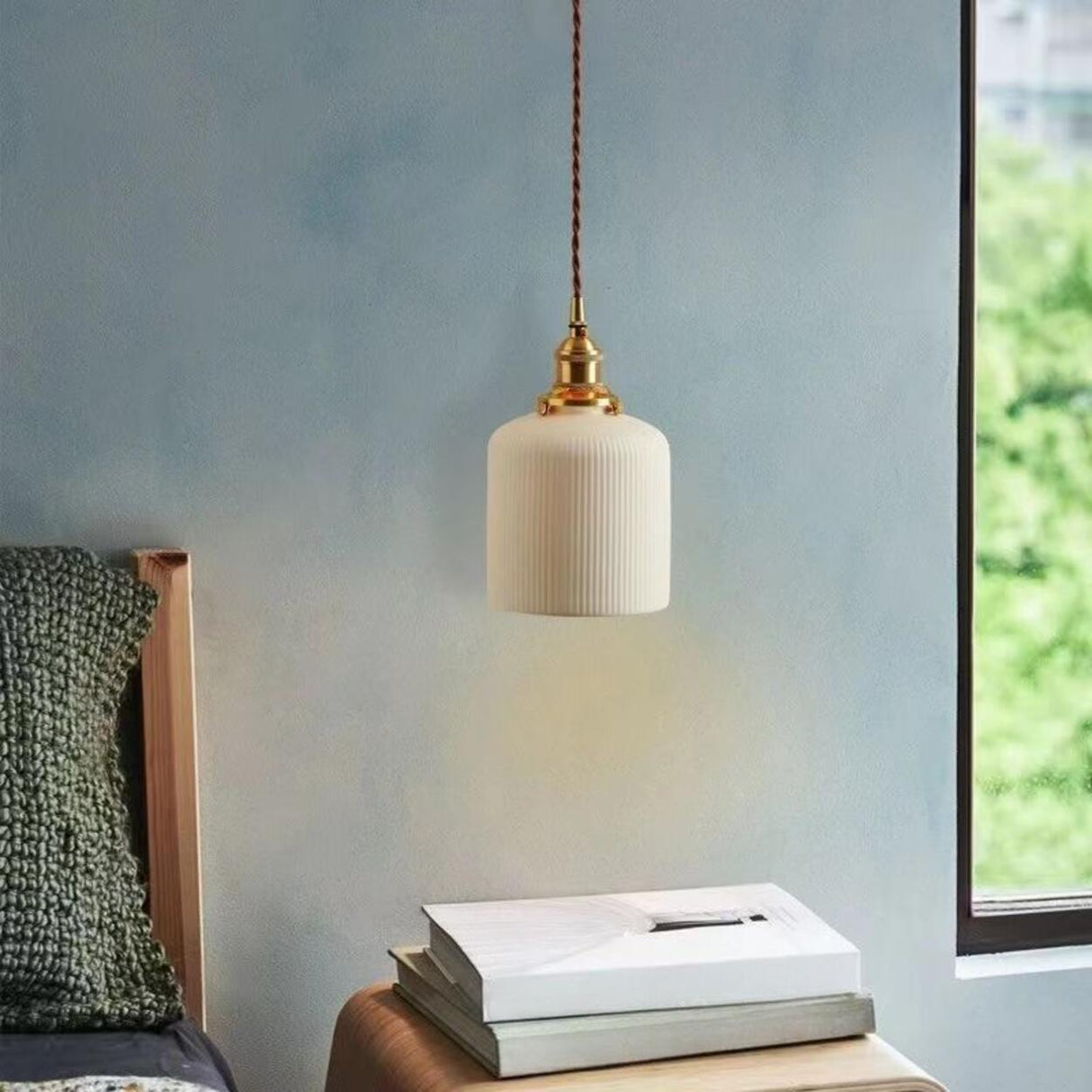 White Ceramic Ribbed Pendant Light Adjustable Height Image - 3