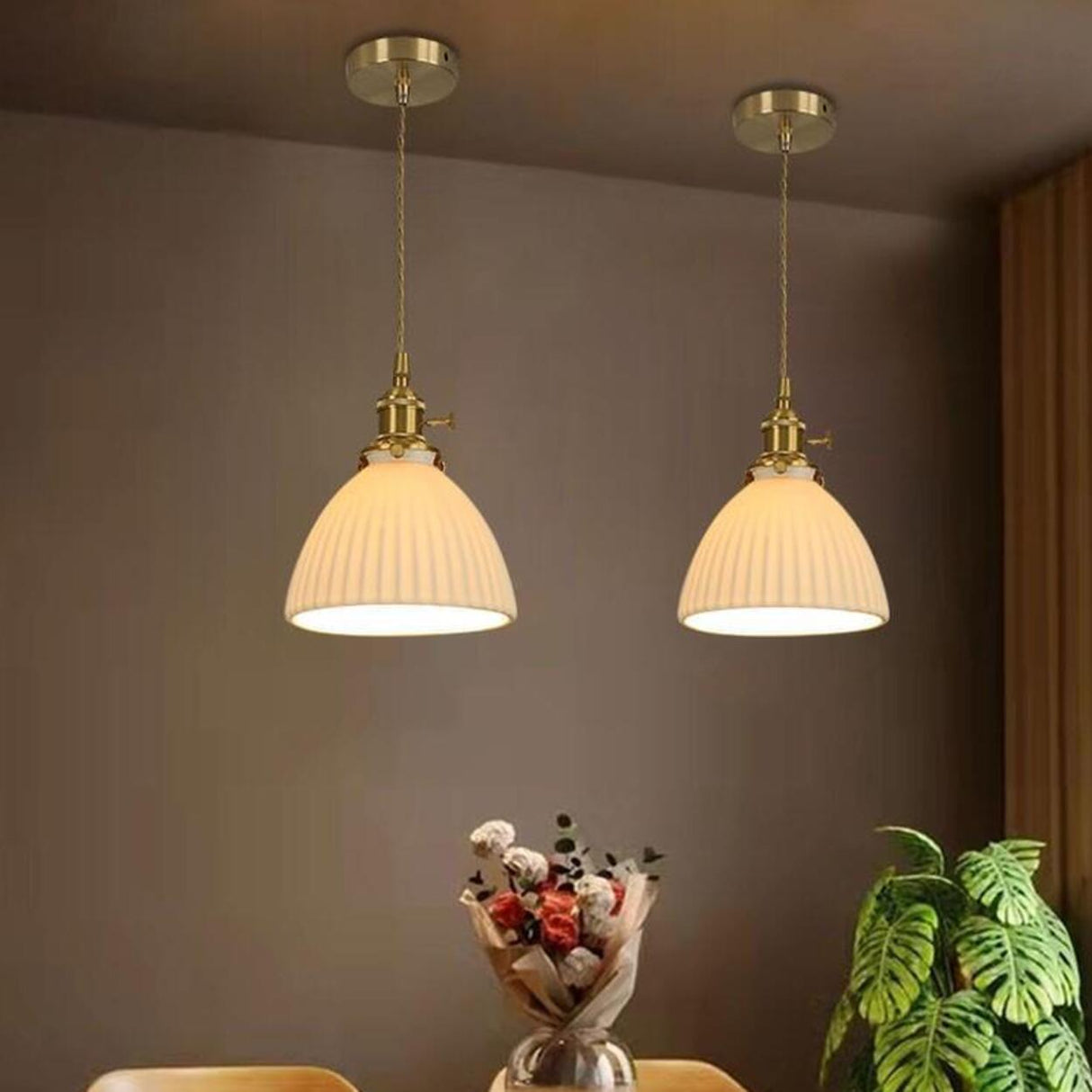 White Ceramic Ribbed Pendant Light Adjustable Height Image - 4